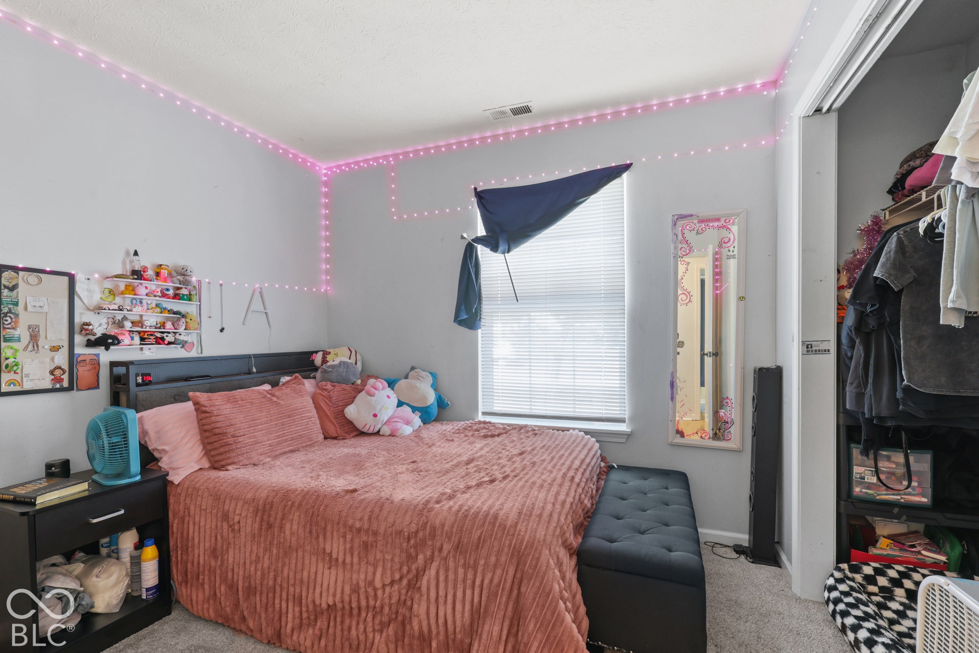 Carpeted bedroom featuring a built-in closet, single window with blinds, and neutral wall color
