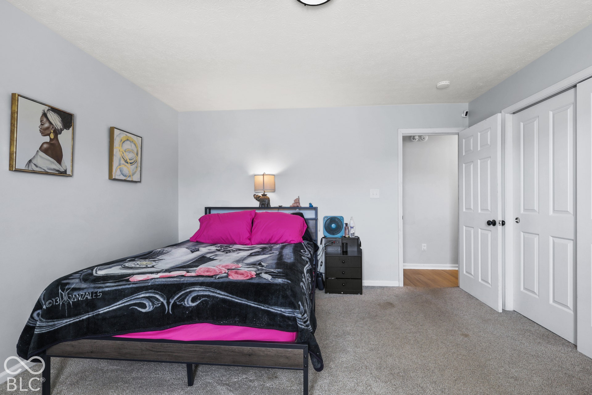 Carpeted flooring, light gray wall paint, and white trim