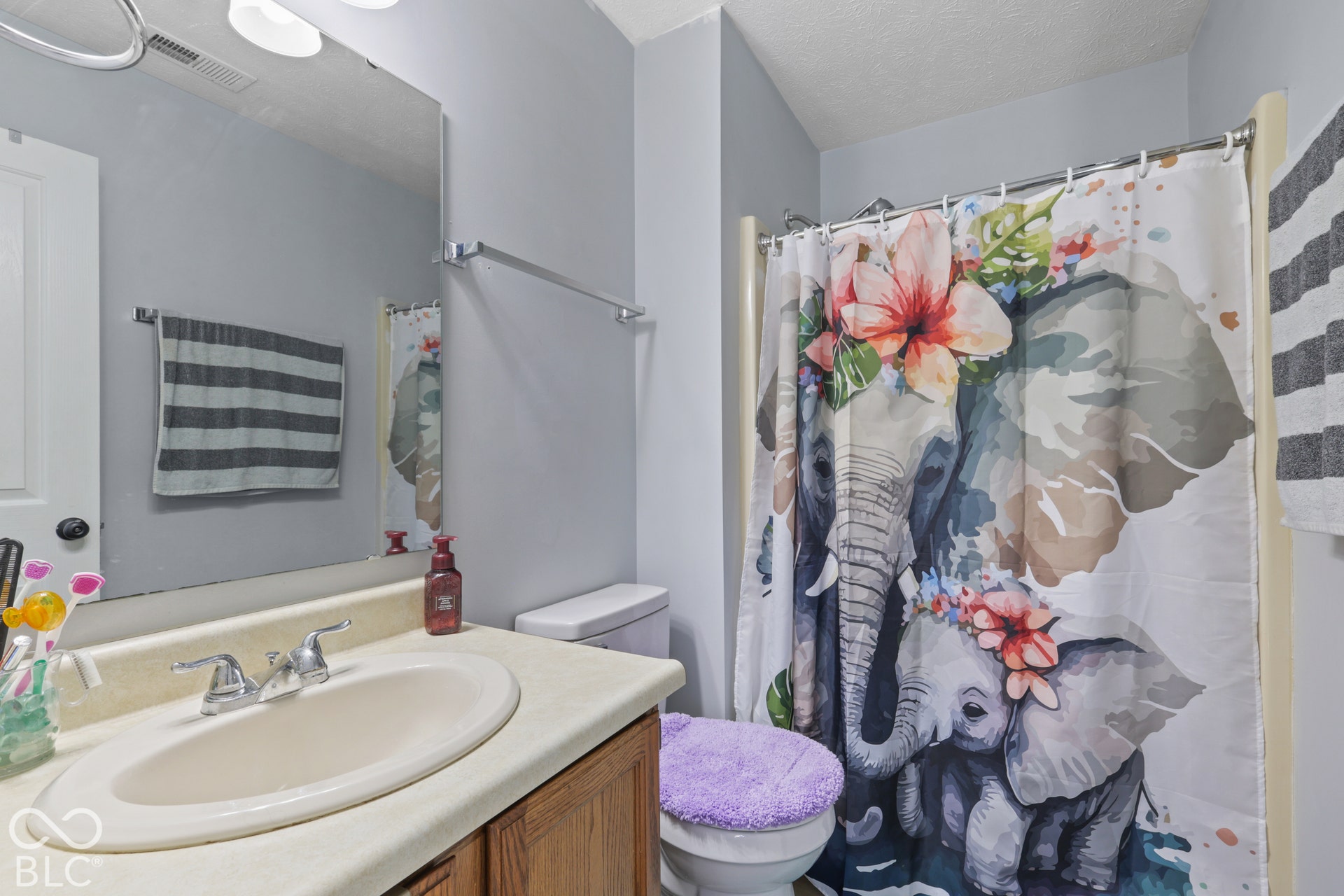 Bathroom featuring a vanity with an integrated sink, dual-handle faucet, and overhead lighting