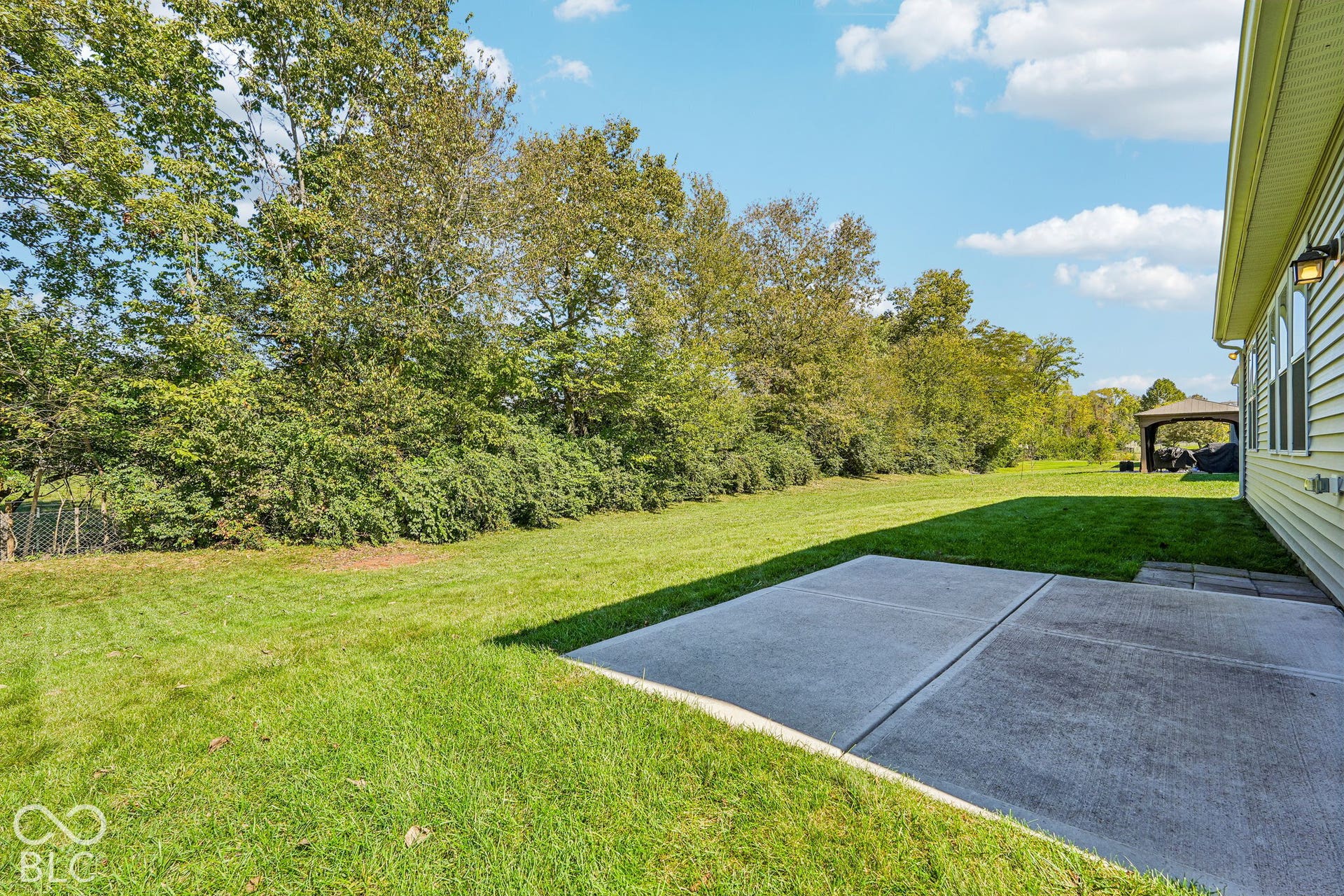 Expansive green lawn with a concrete patio, mature trees, and a visible outbuilding in the distance