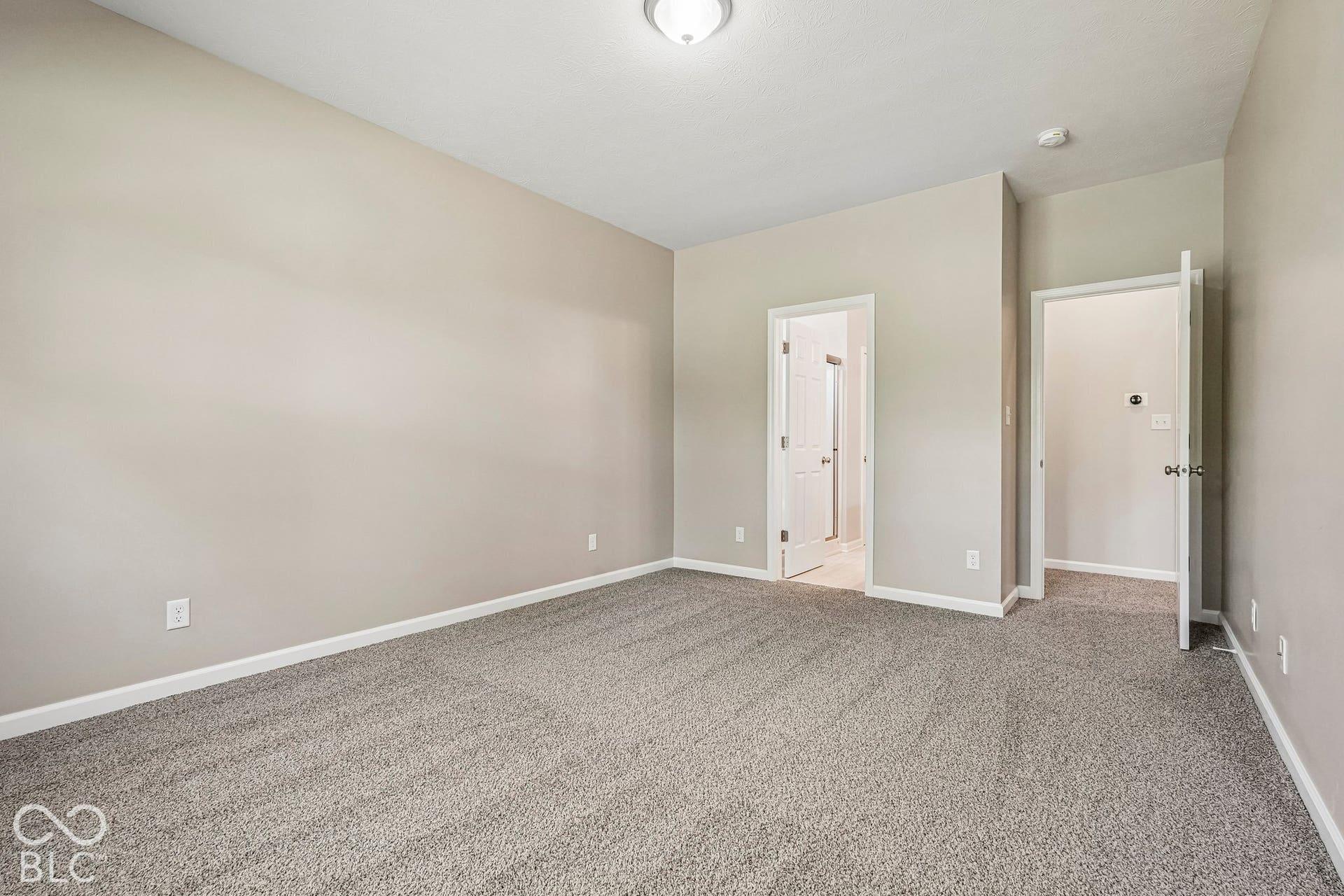 Plush carpeting, neutral wall color, white trim, and two paneled doors