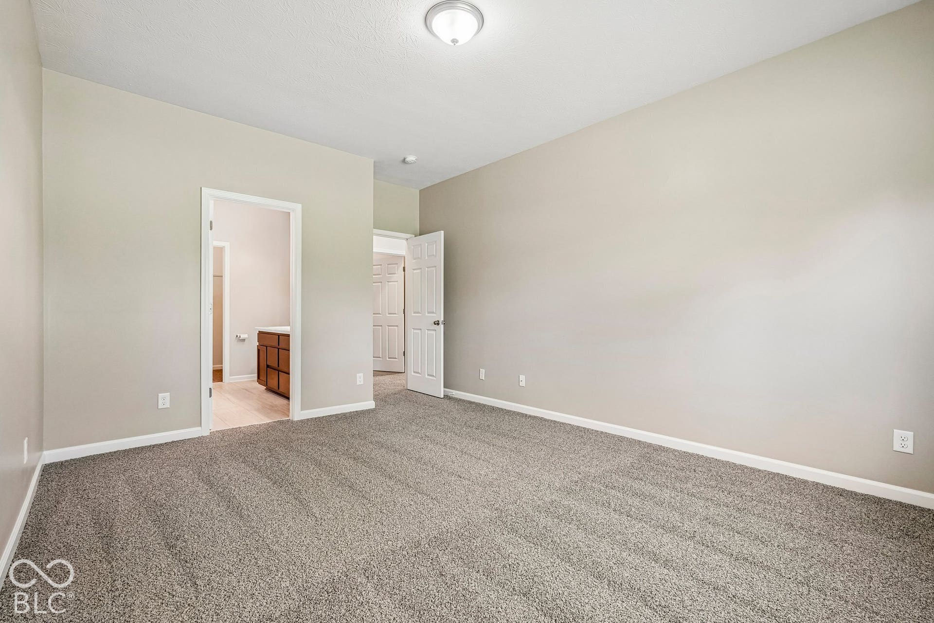 Recessed ceiling light fixture, neutral wall color, carpeted flooring, and white trim