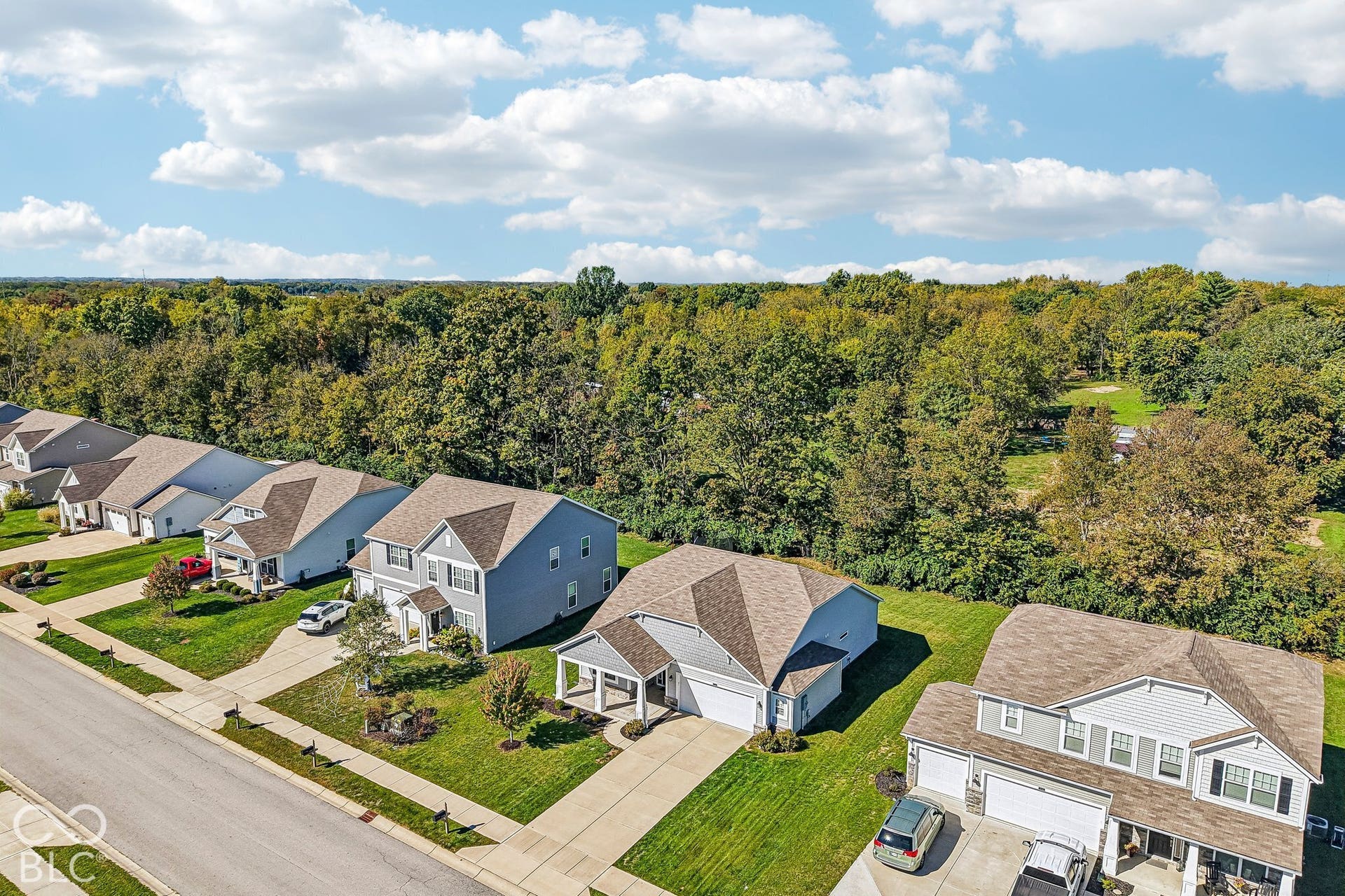 Residential neighborhood with mature trees, paved street, individual driveways, and landscaped yards
