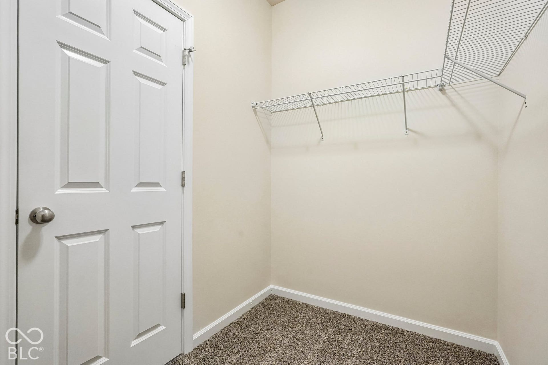 Off primary bedroom. Wire shelving system, carpeted flooring, and a paneled interior door