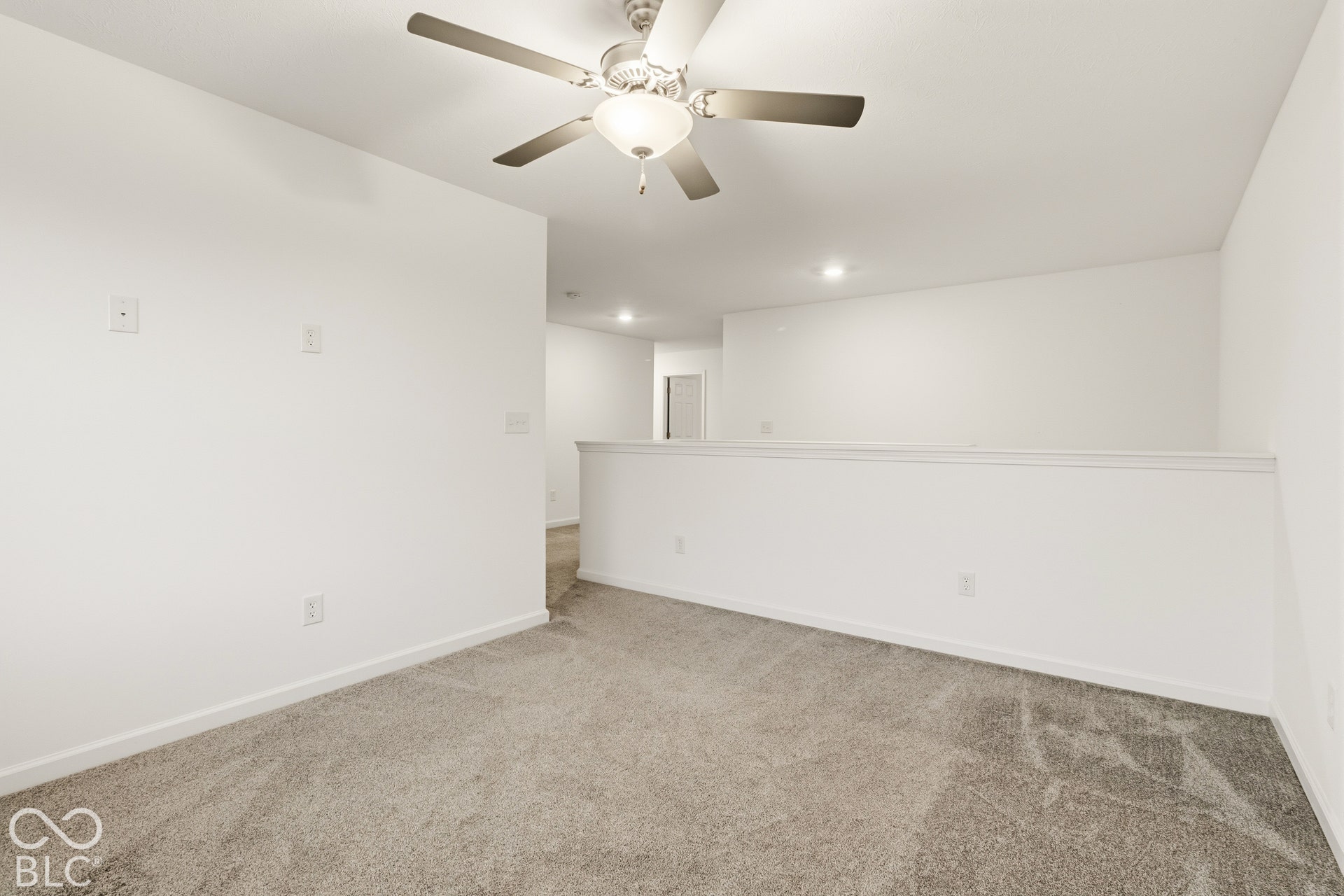 Recessed lighting, ceiling fan, carpeted flooring, and neutral wall tones