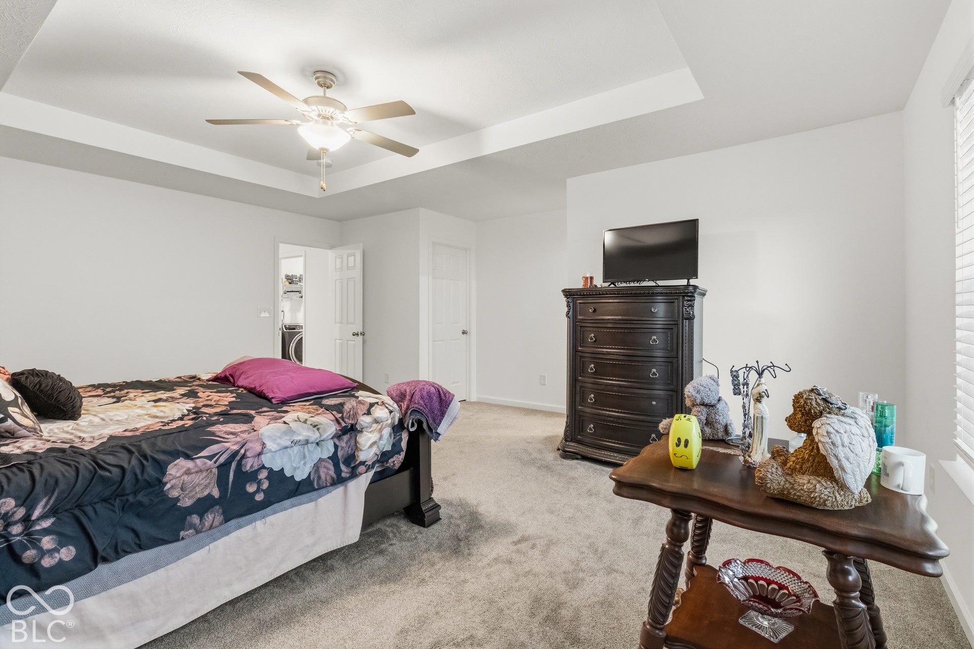 Tray ceiling with a ceiling fan, carpeted flooring, and white interior walls