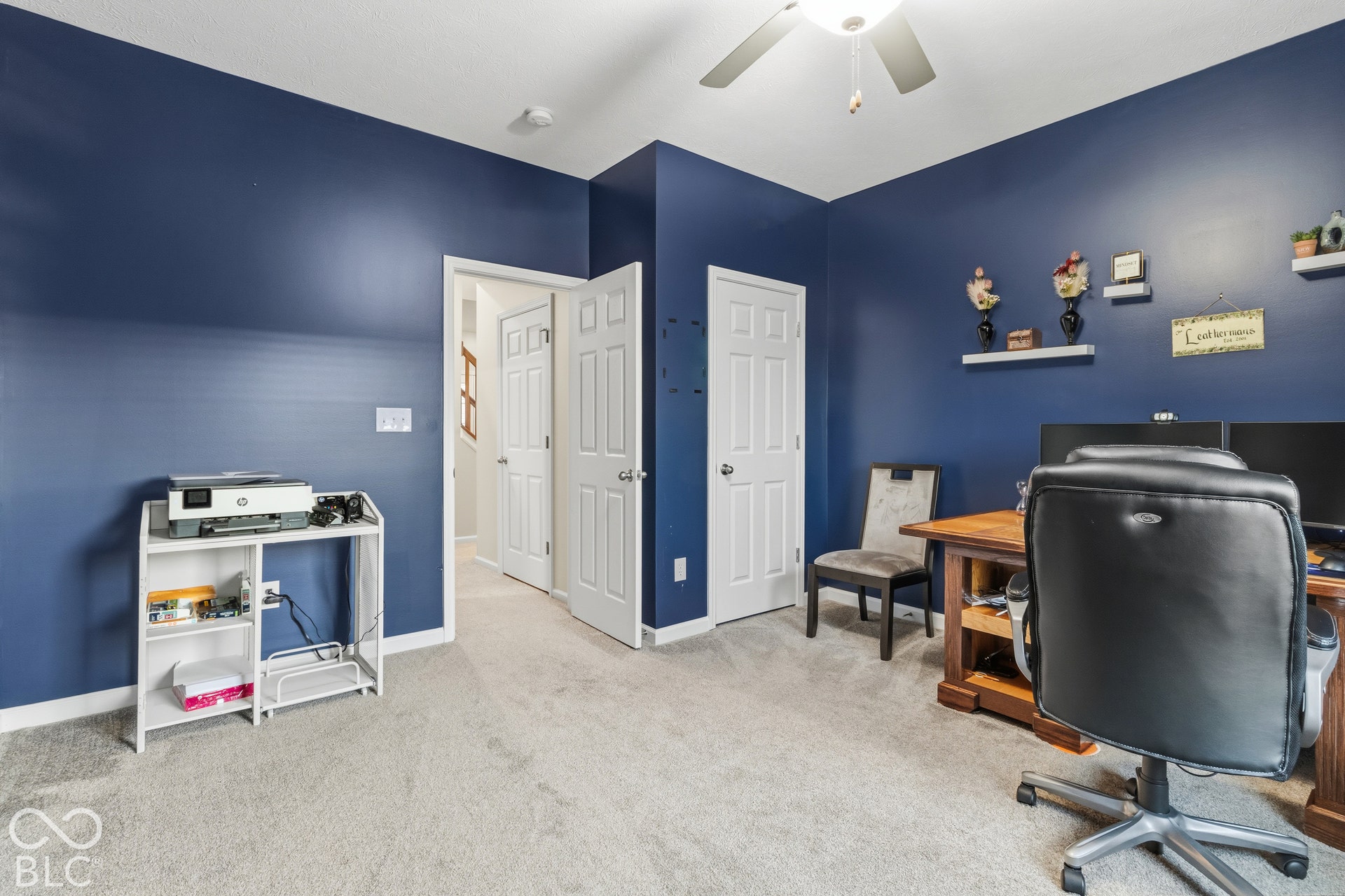 Plush carpeting, ceiling fan with integrated lighting, multiple paneled doors, and wall-mounted shelving