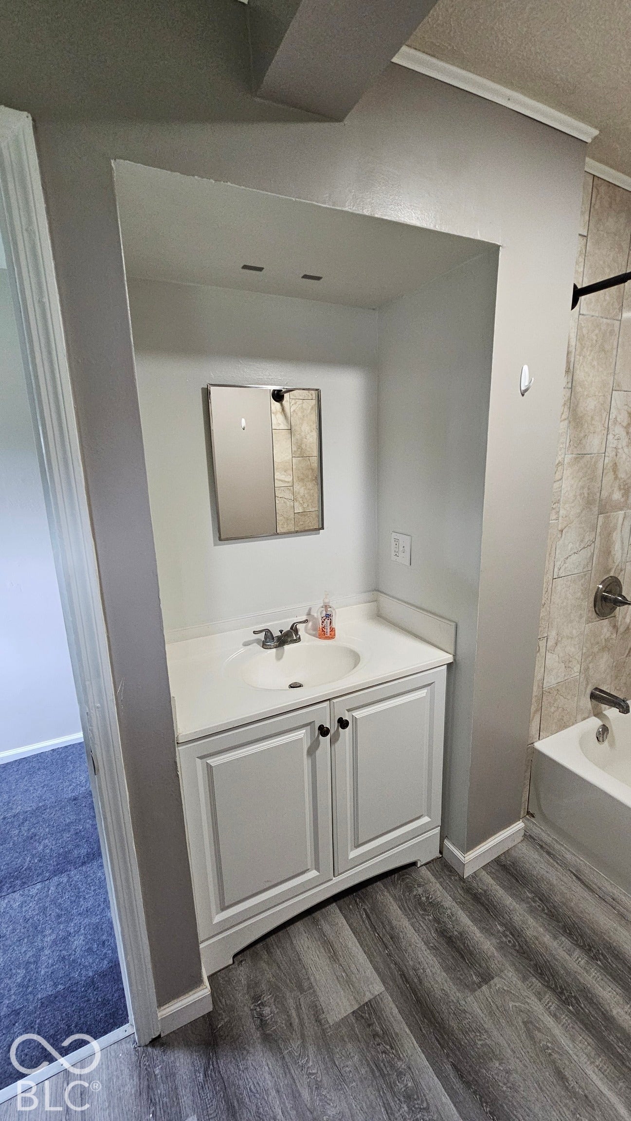 104 E State Street, New Ross, IN 47968 White vanity with panel cabinetry and integrated sink, chrome faucet, wood-finish flooring, and light-toned wall tiling