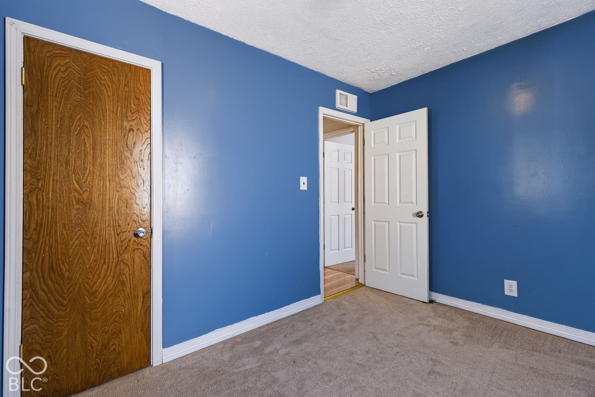 2101 Sharon Avenue, Indianapolis, IN 46222 Textured blue walls with white trim, a brown wood-finish door with a chrome knob, and a white six-panel door with a chrome knob