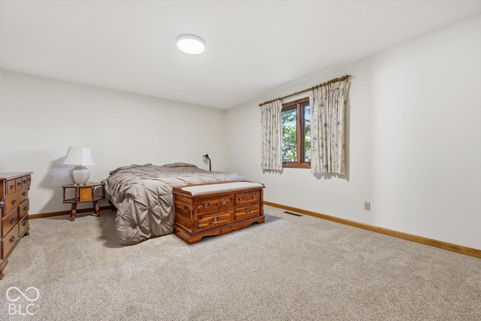 Neutral interior space featuring carpeted flooring, wood window trim, a double-hung window, and a flush-mount ceiling light fixture
