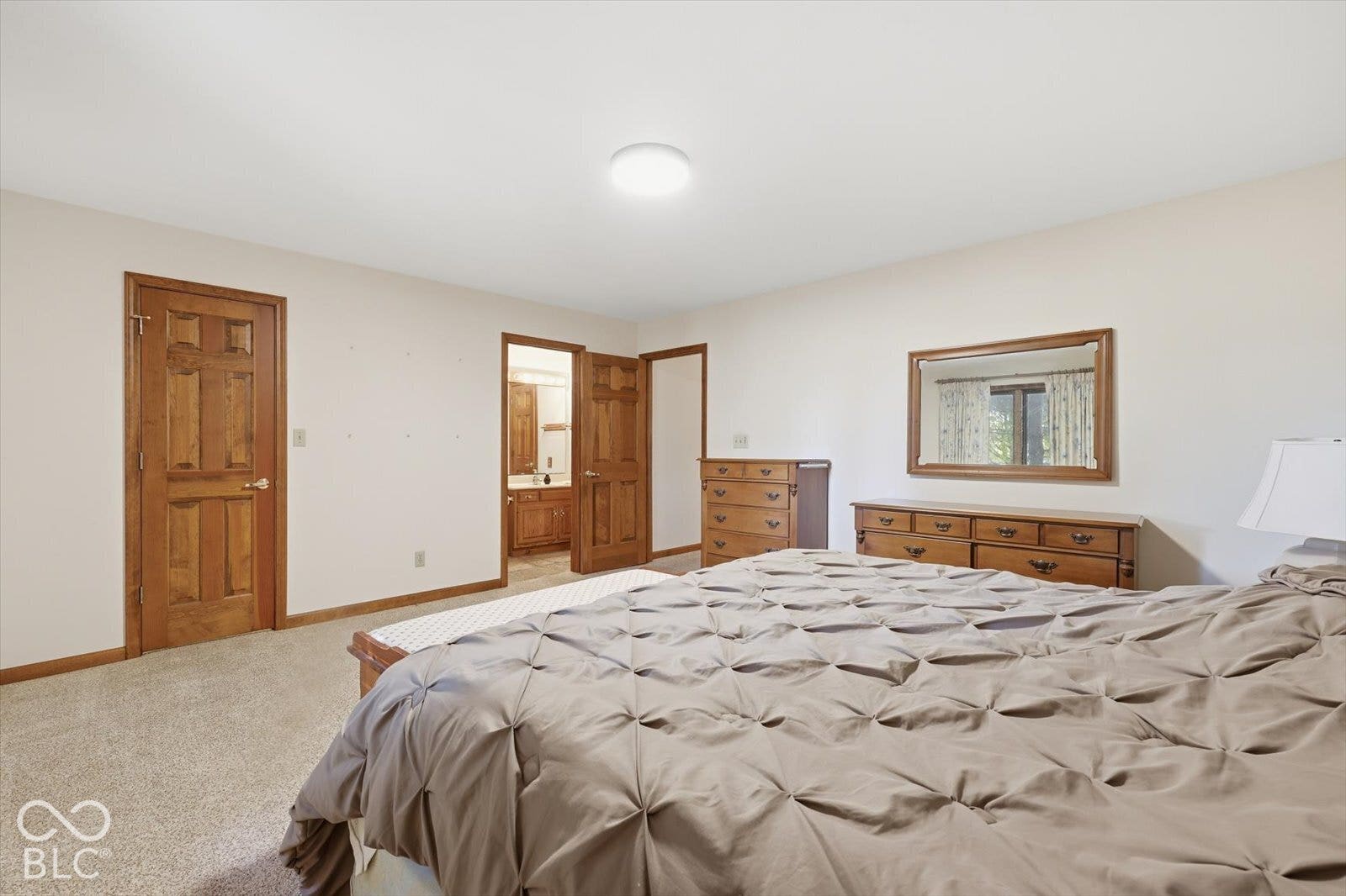 Spacious room featuring neutral carpeting, six-panel wood doors, and a flush-mount ceiling light fixture