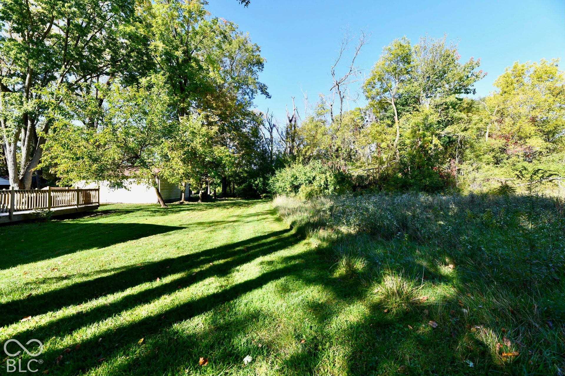 Expansive green lawn with a wood deck, mature trees, and natural landscaping