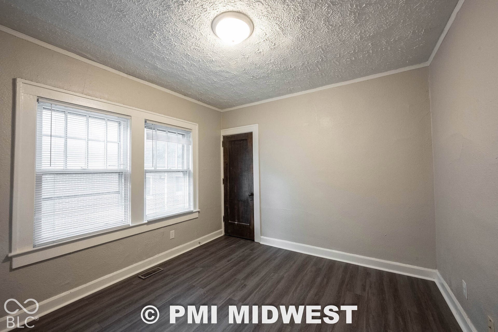 Neutral wall paint, wood-finish flooring, two sash windows, baseboard trim, and a ceiling-mounted light fixture