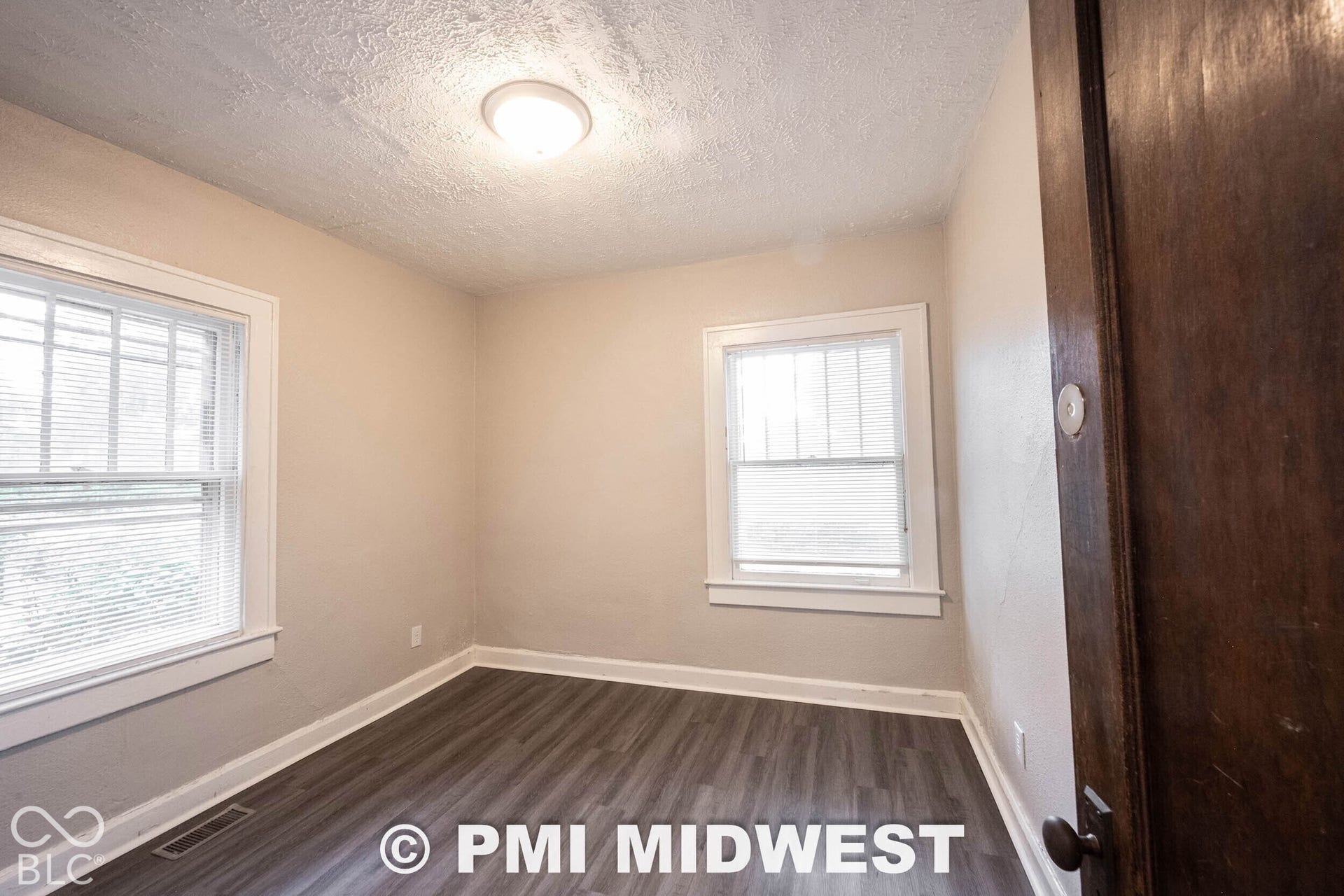 Wood-finish flooring, two windows with white trim, a flush-mount ceiling light, and a solid wood door
