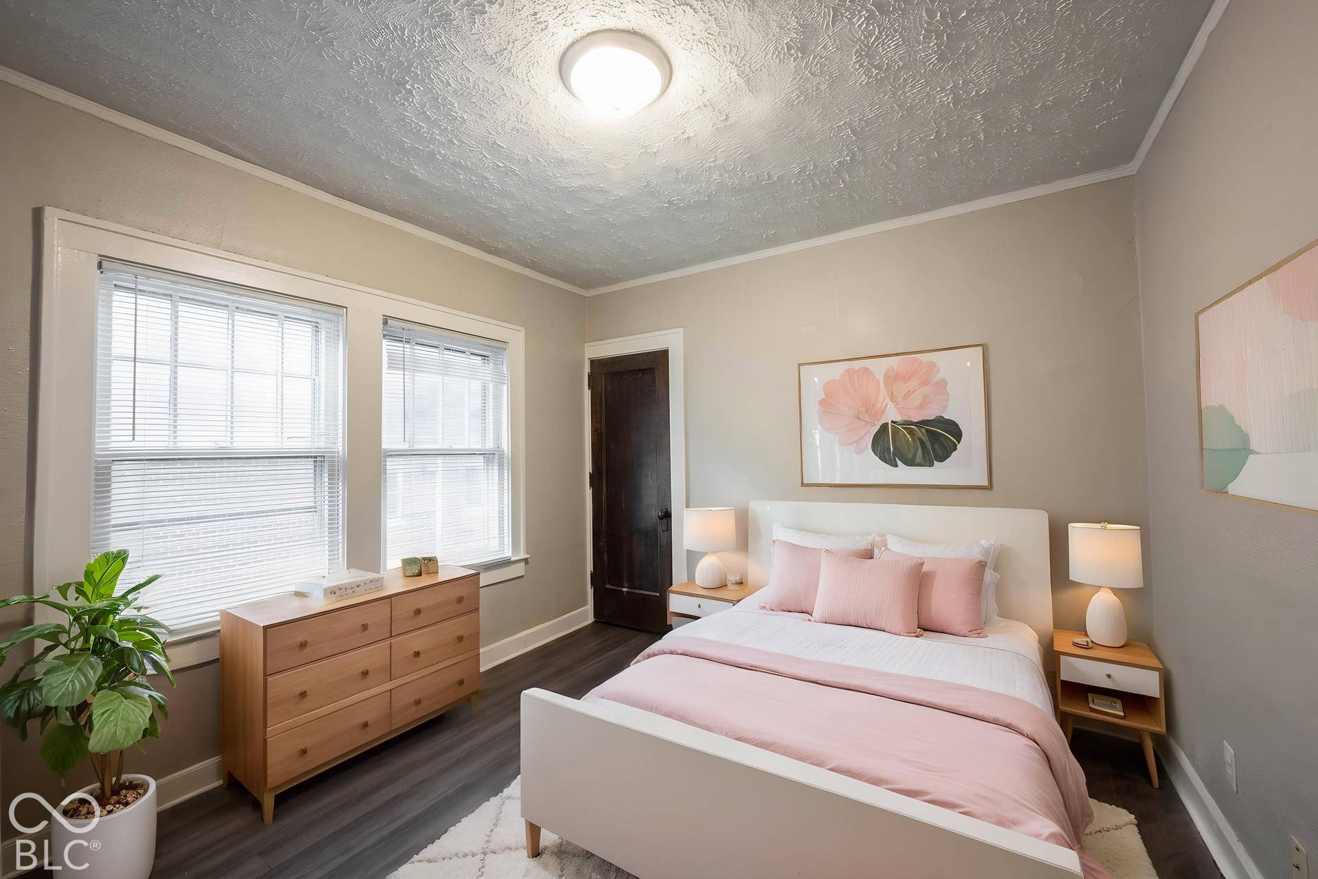 Wood-finish flooring, two large windows, white trim, and a dark-stained interior door