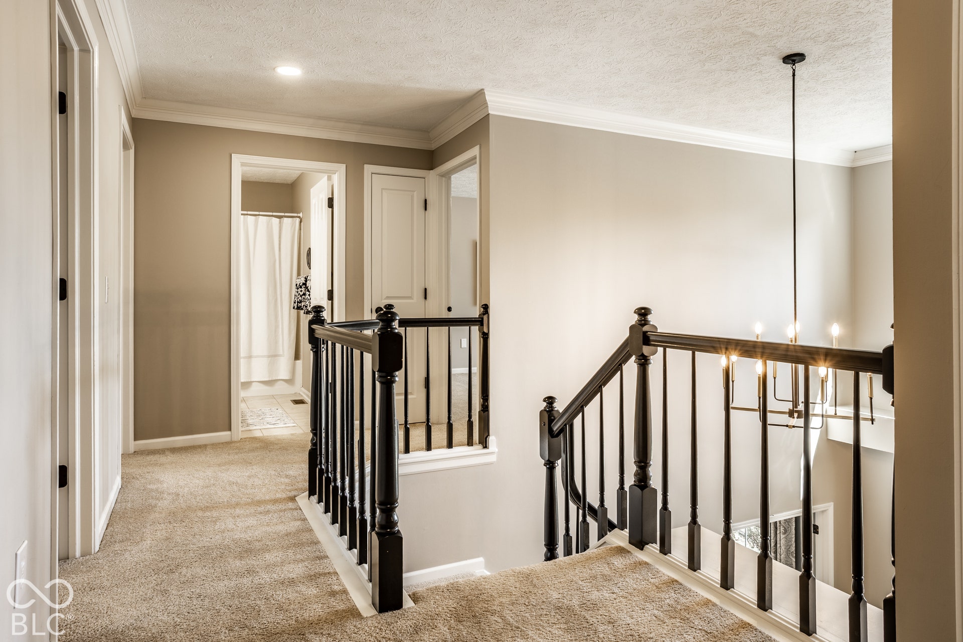 Carpeted landing with dark wood banister and white crown molding