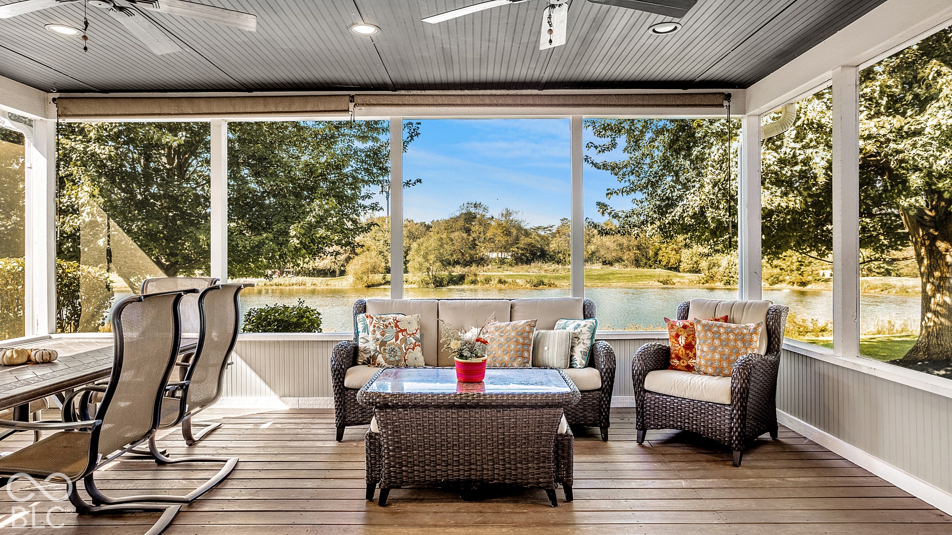 Screened porch with wood-finish flooring, beadboard ceiling, and direct water frontage