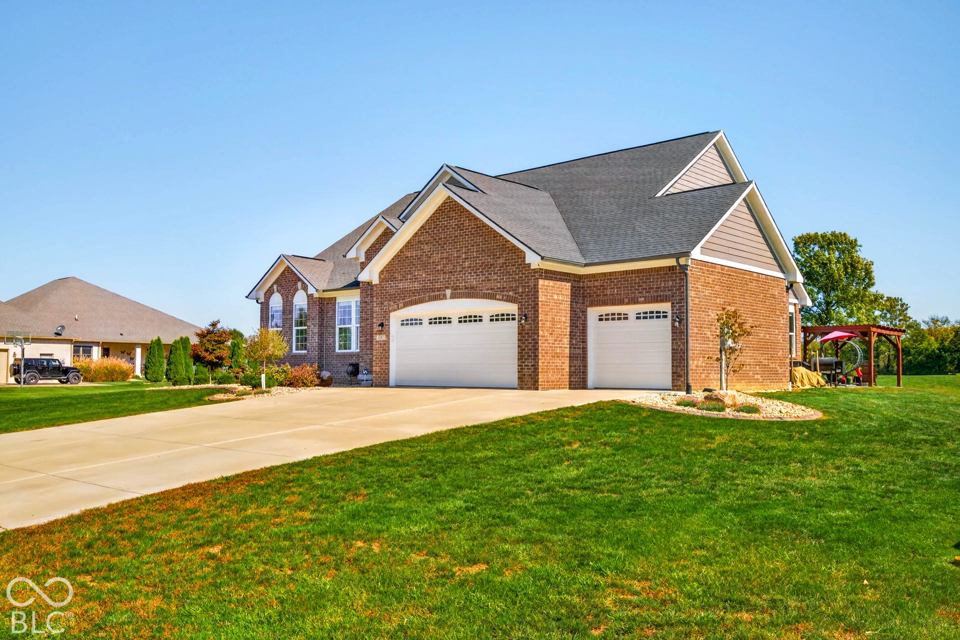 Brick exterior with gabled roof lines