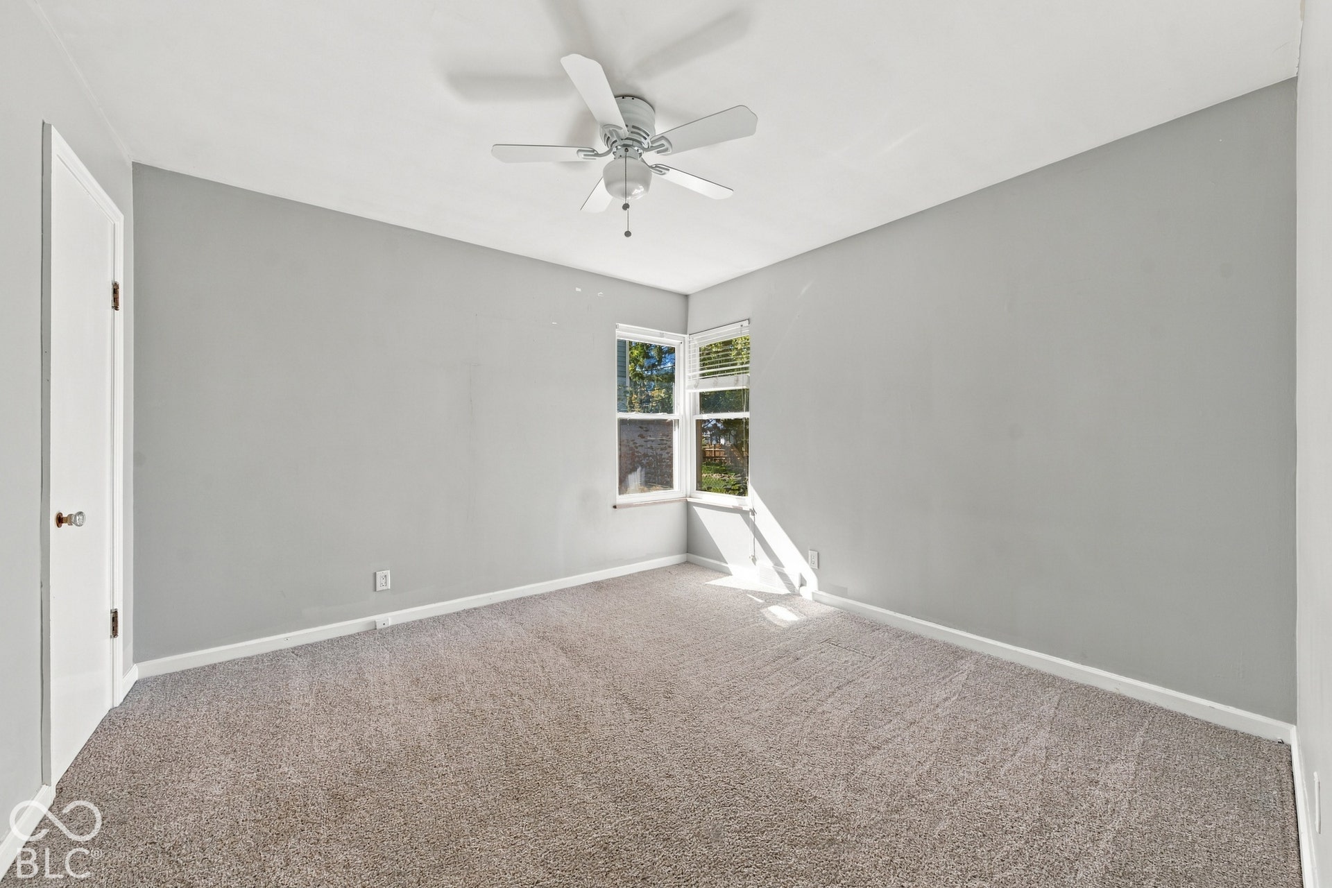 Carpeted flooring, light grey wall finish, white trim, white ceiling fan, and multiple windows