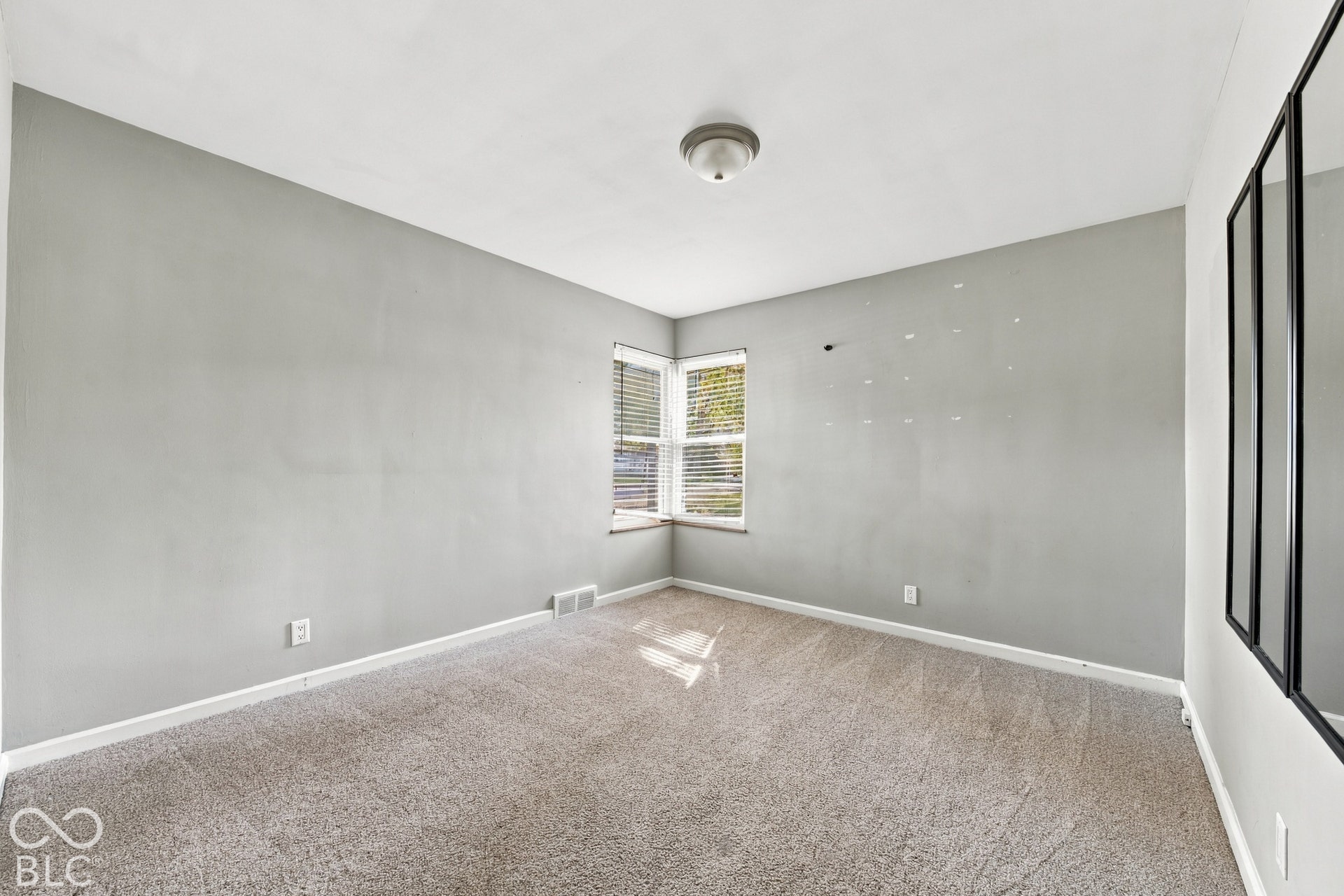 Wall-to-wall carpeting, window with blinds, and ceiling-mounted light fixture
