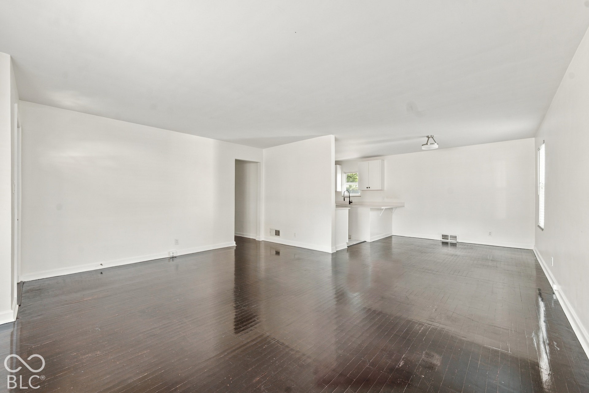 Dark wood-finish flooring with white walls and trim, featuring a partial wall partition separating the kitchen area
