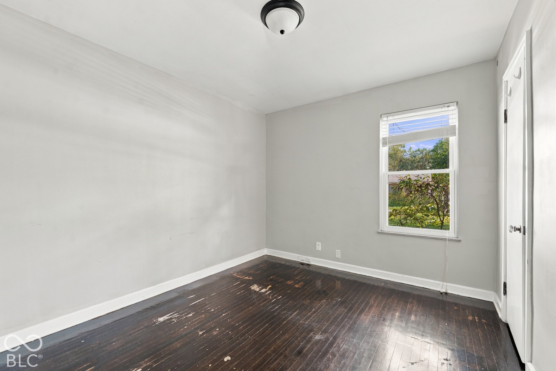 Hardwood flooring, painted walls, window with blinds, ceiling-mounted light fixture, and white trim