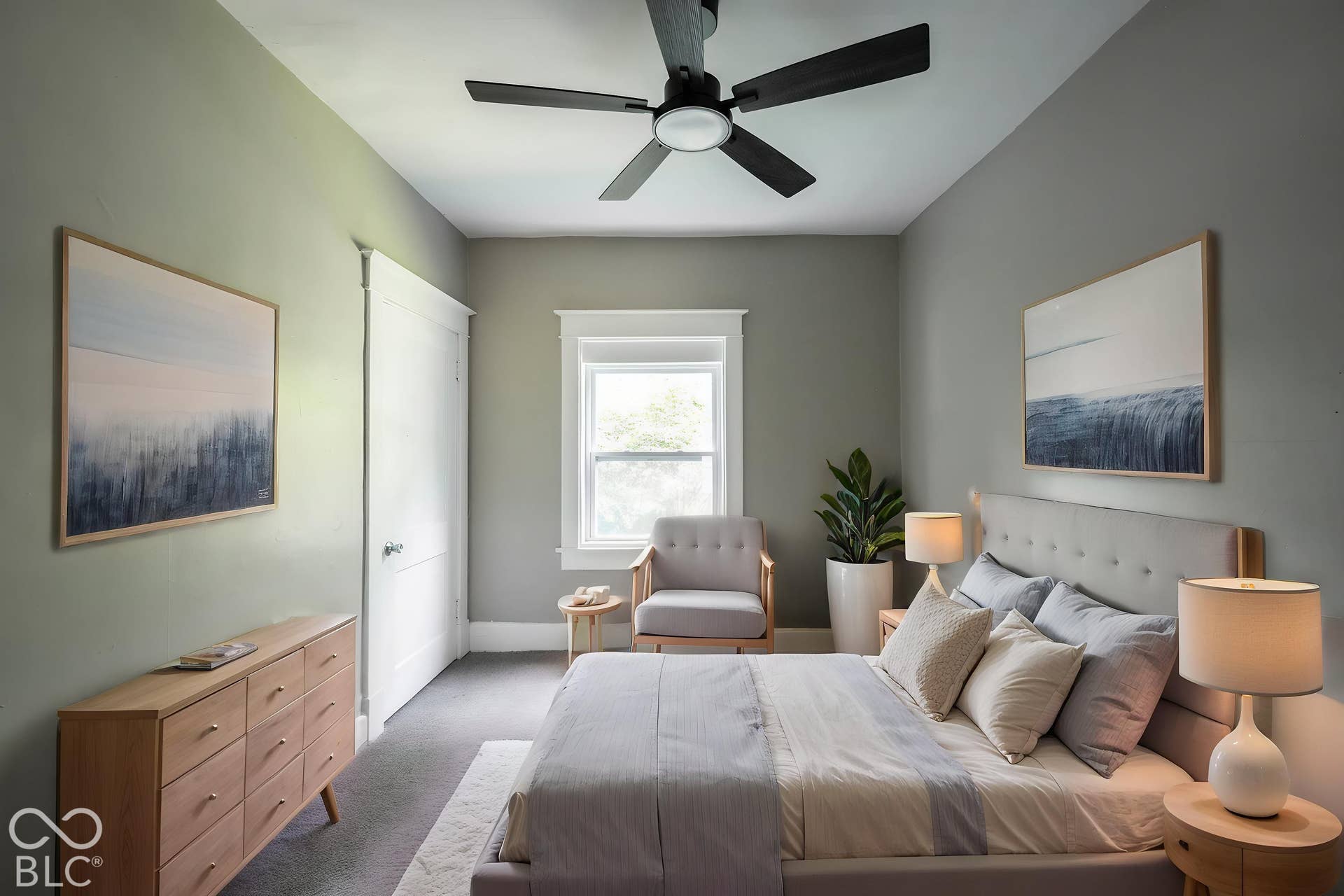 Hardwood flooring, painted walls, ceiling fan, and white trim window
