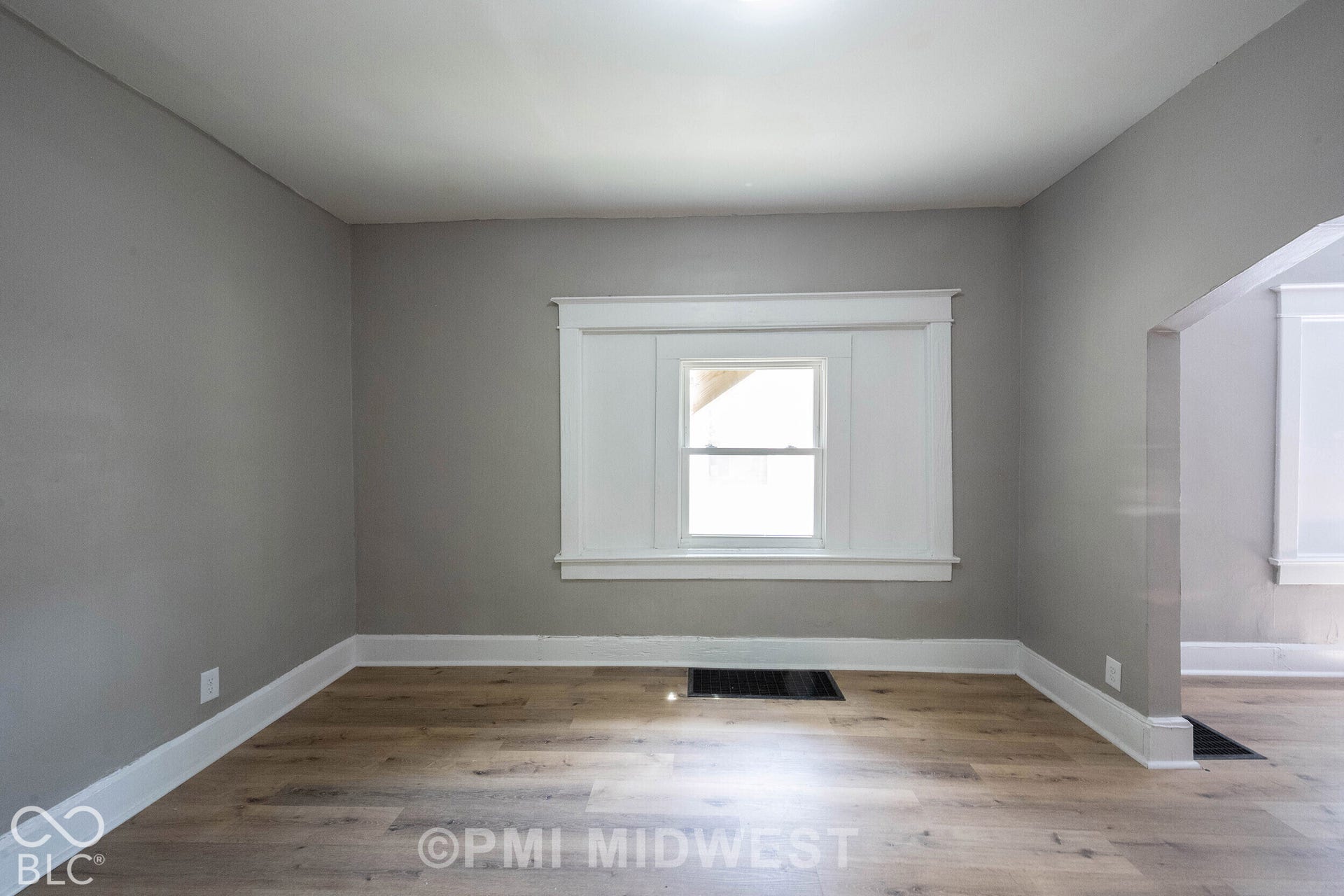 Light gray walls with white trim, wood-finish flooring, and an overhead light fixture