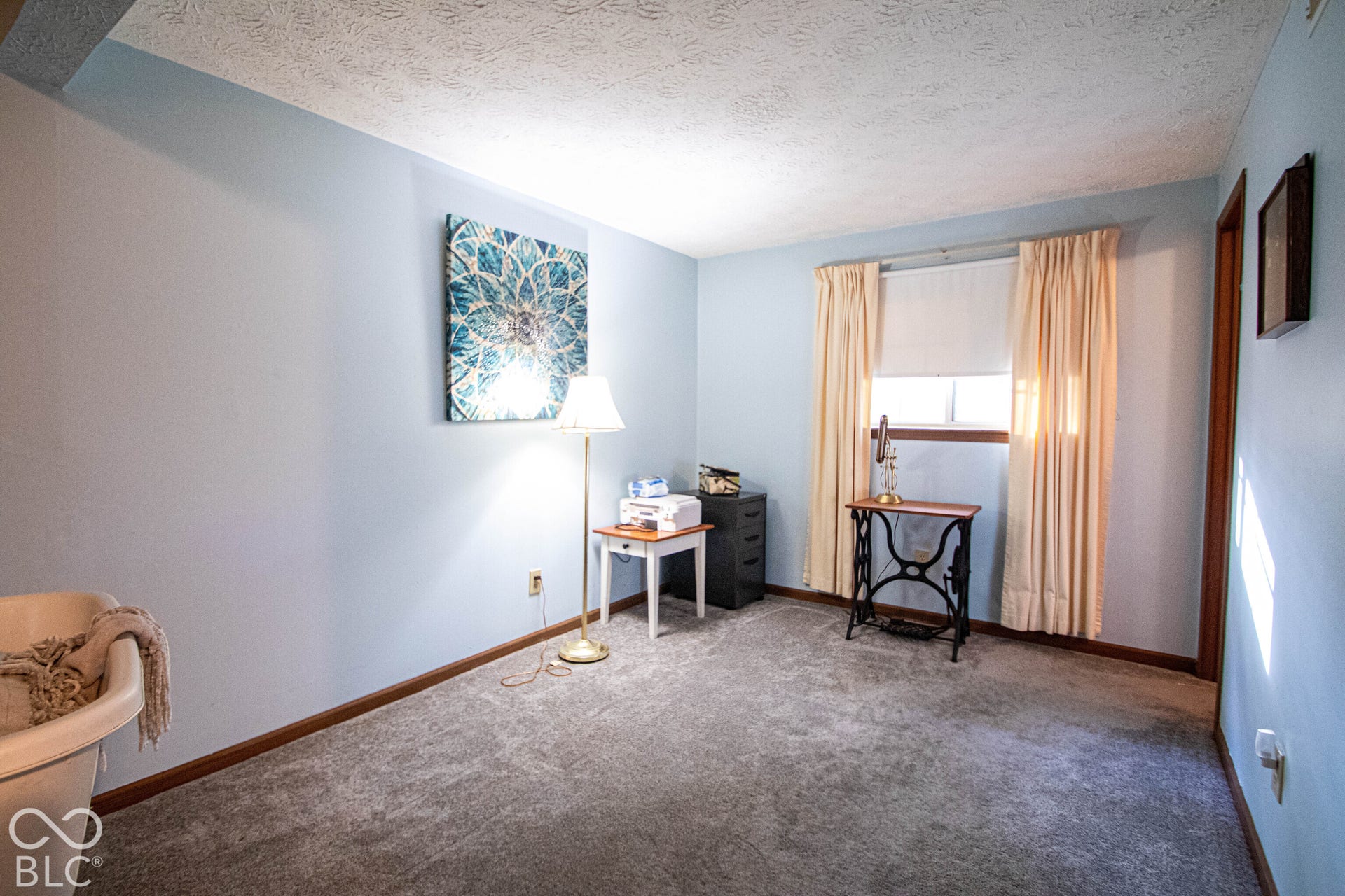 Light blue painted walls with wood trim, gray carpet, and a window with blinds