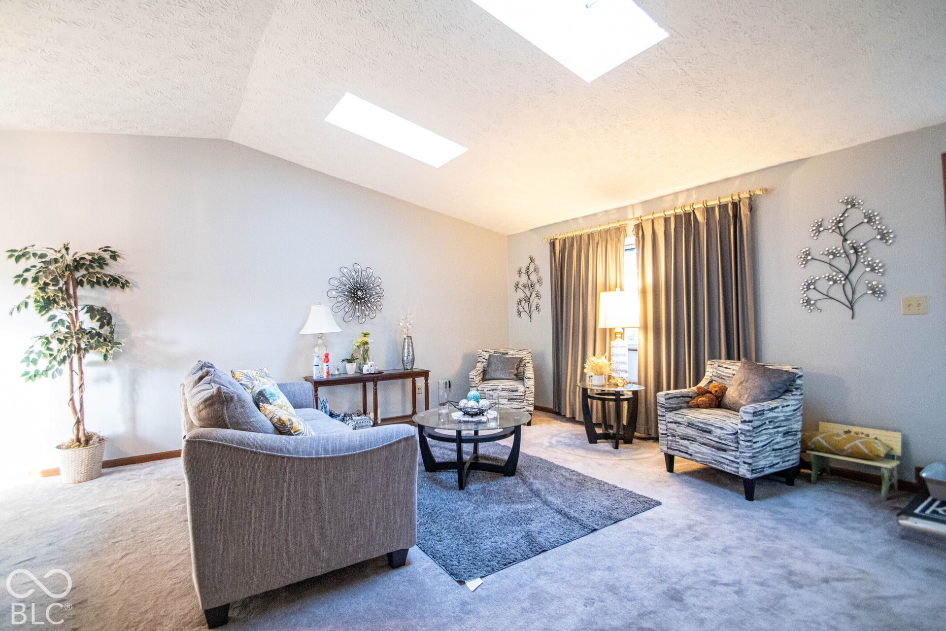Vaulted ceiling with dual skylights, wall-to-wall carpeting, and large window with full-length drapes