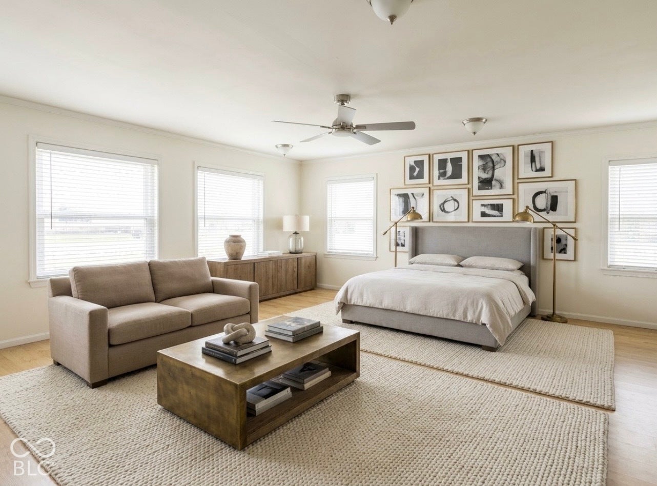 Virtually Altered - Attached unit's living area with white walls and residential decor