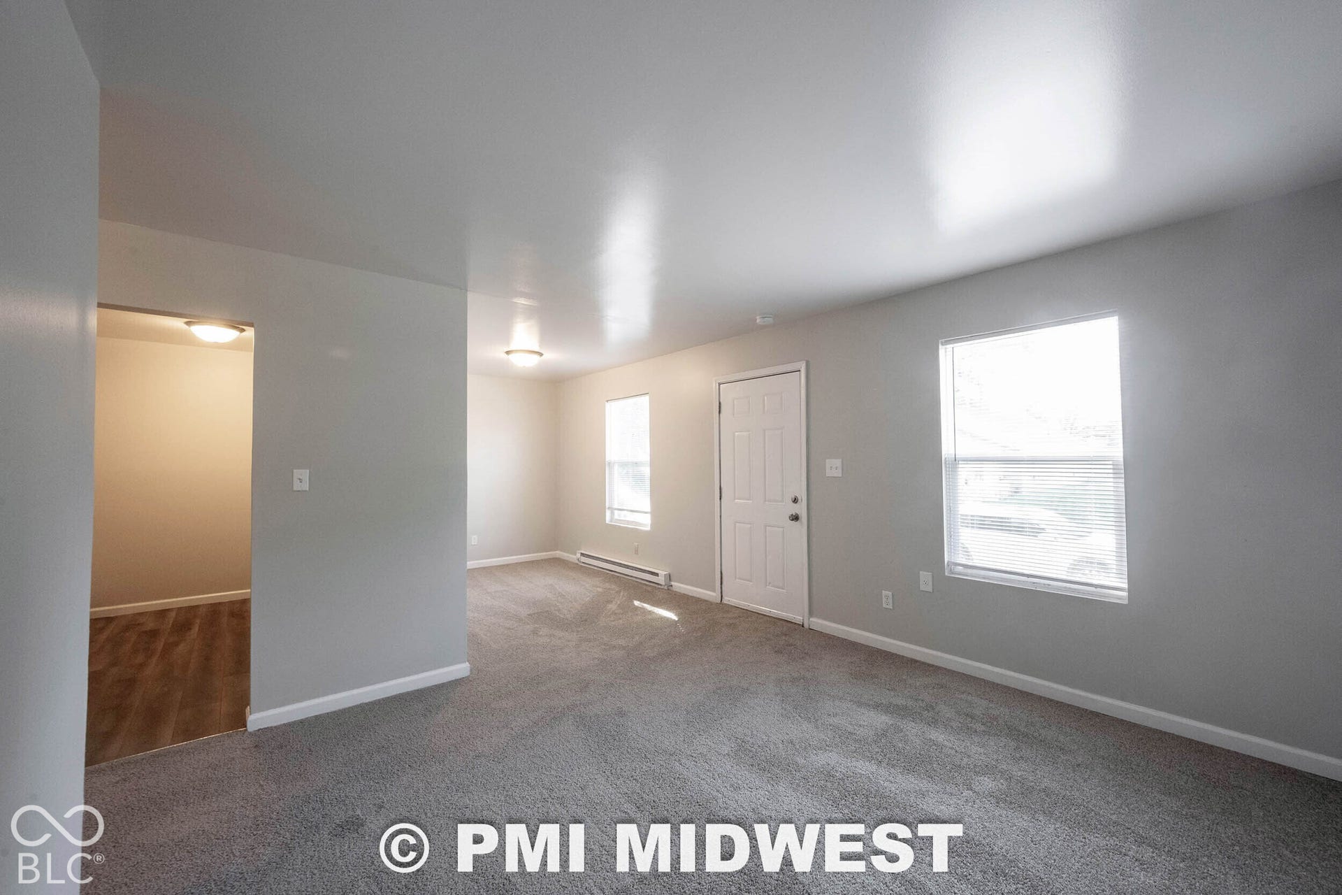 1122 Congress Avenue, Indianapolis, IN 46208 Spacious room featuring neutral carpeting, light gray walls, two windows, and a white entry door