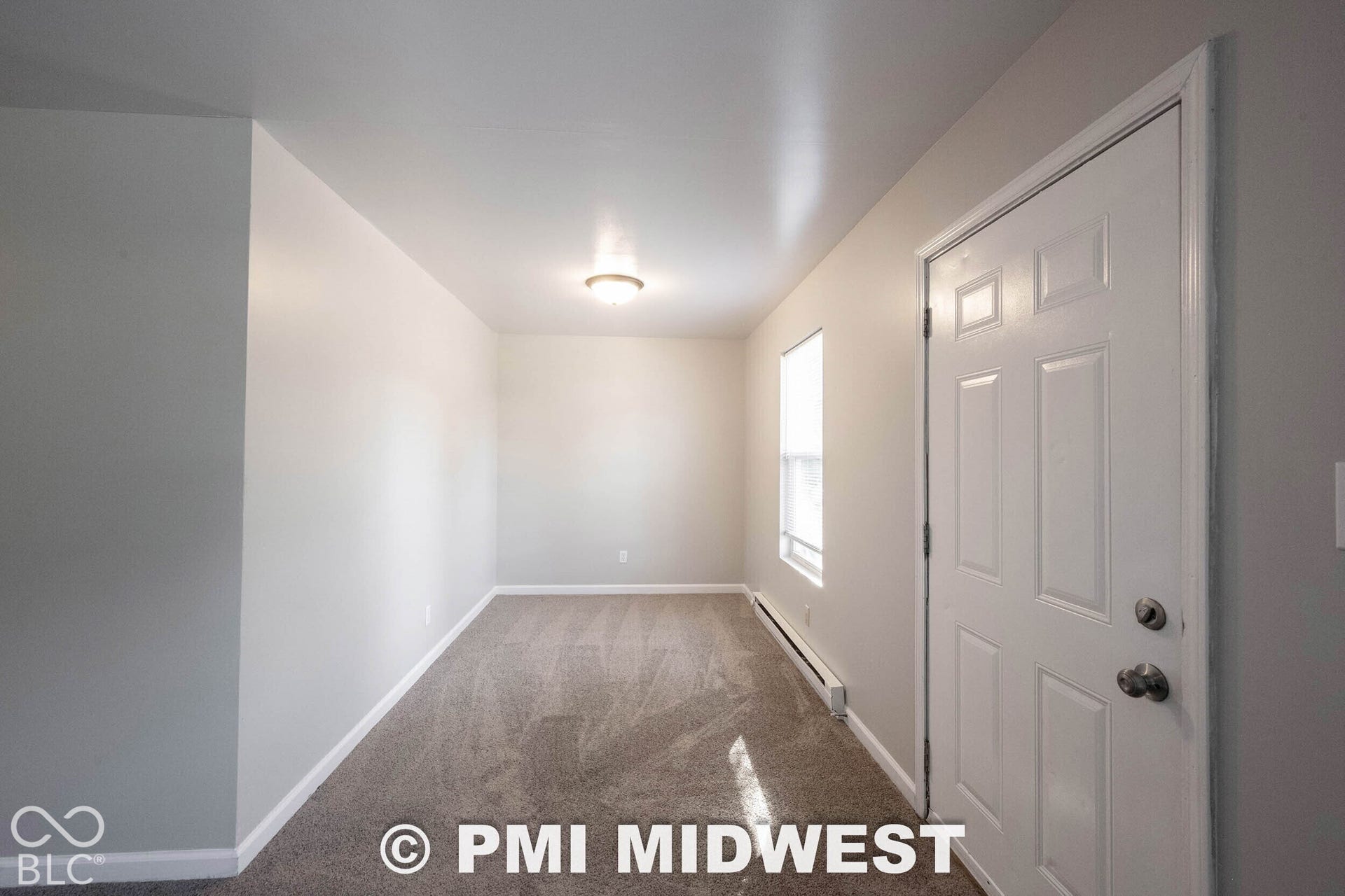 1122 Congress Avenue, Indianapolis, IN 46208 Wall-to-wall carpeting with light-toned walls, a white paneled door, flush-mount ceiling light fixture, and a window with natural light