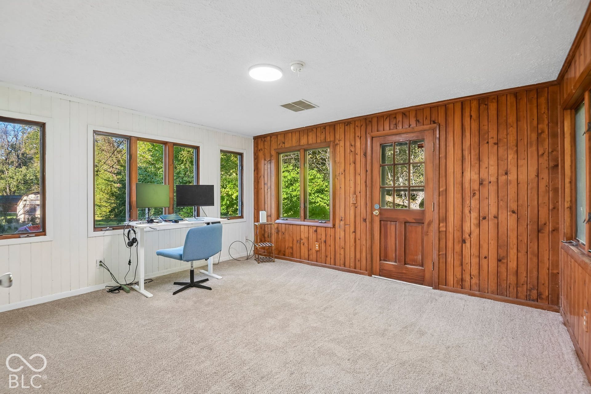 Carpeted room featuring multiple windows, wood paneling, and a wood-frame door with glass inserts