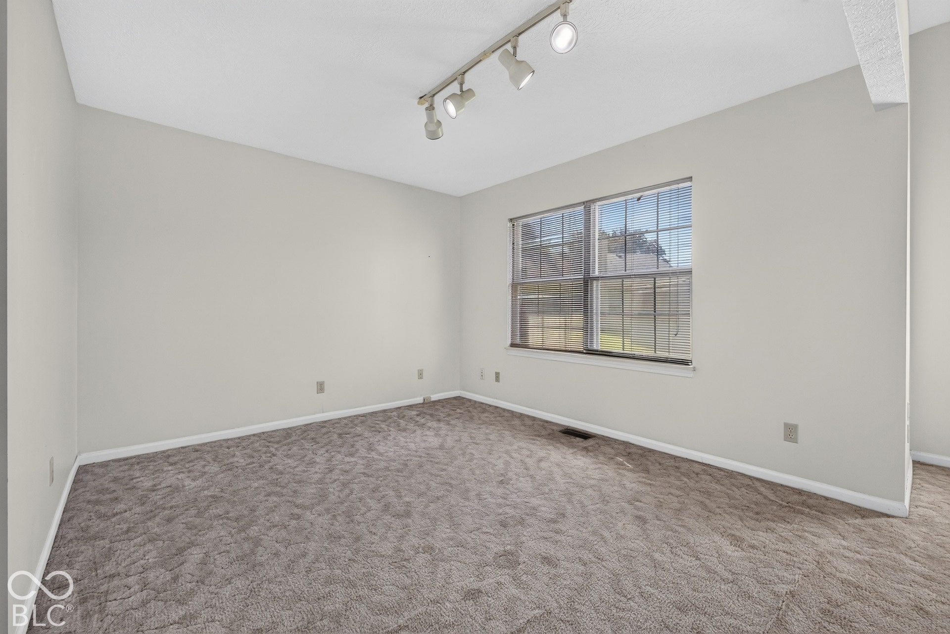 Sloped ceiling, track lighting fixture, carpeted flooring, large window, and light-toned walls