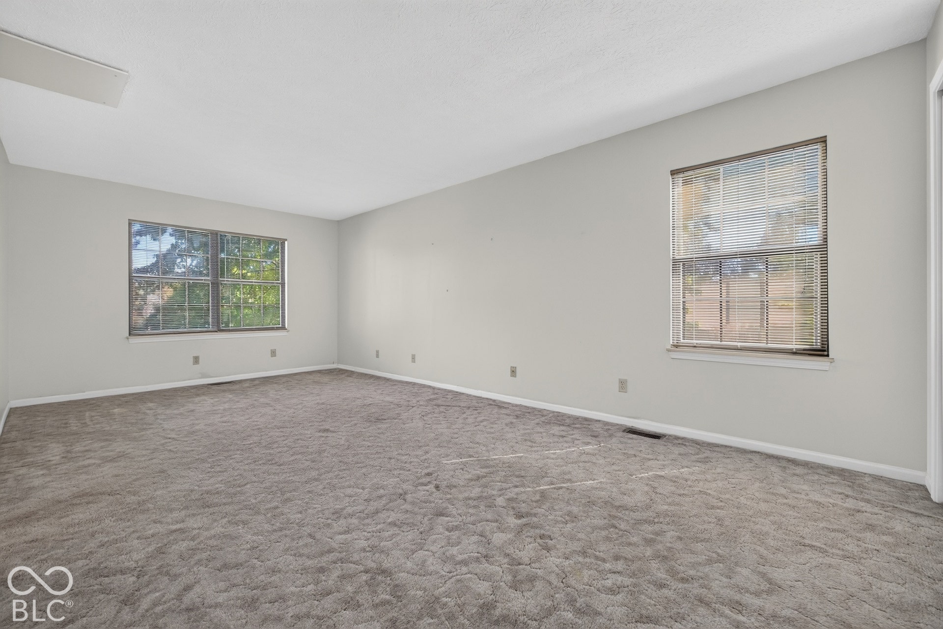 Spacious room featuring neutral carpeting and light-colored walls