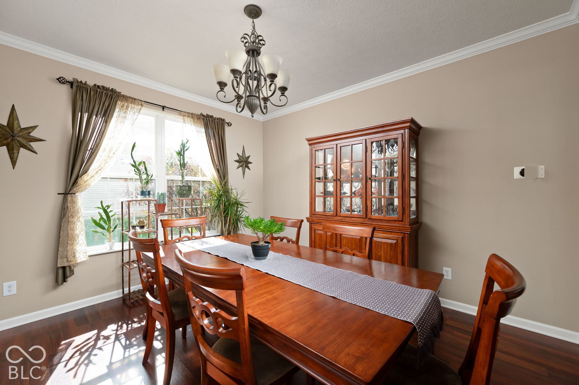 Wood-finish flooring, neutral wall paint, and white crown molding