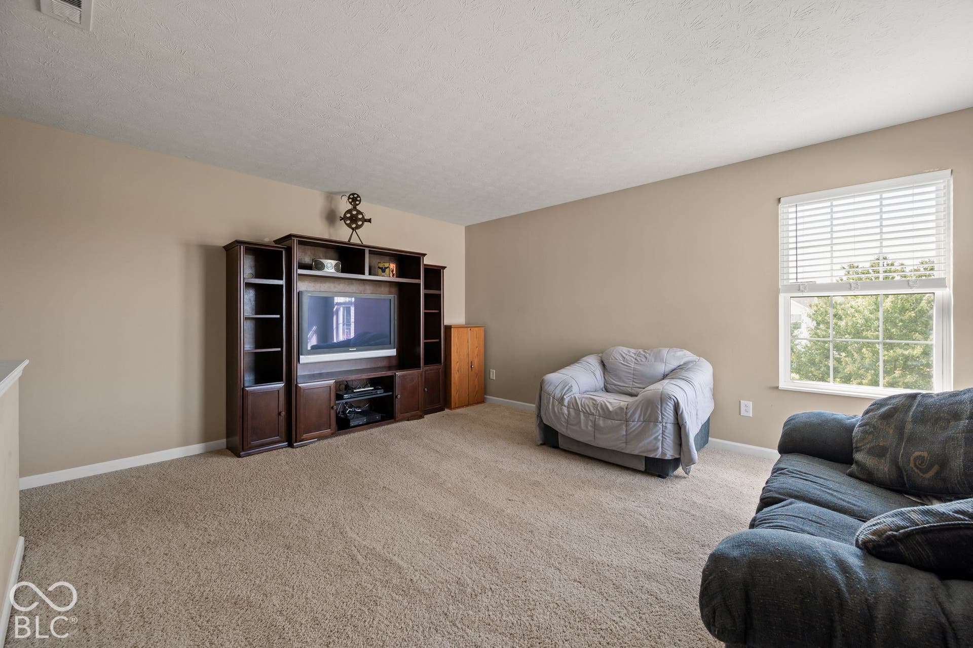 Carpeted flooring with light-toned walls and a single window with blinds