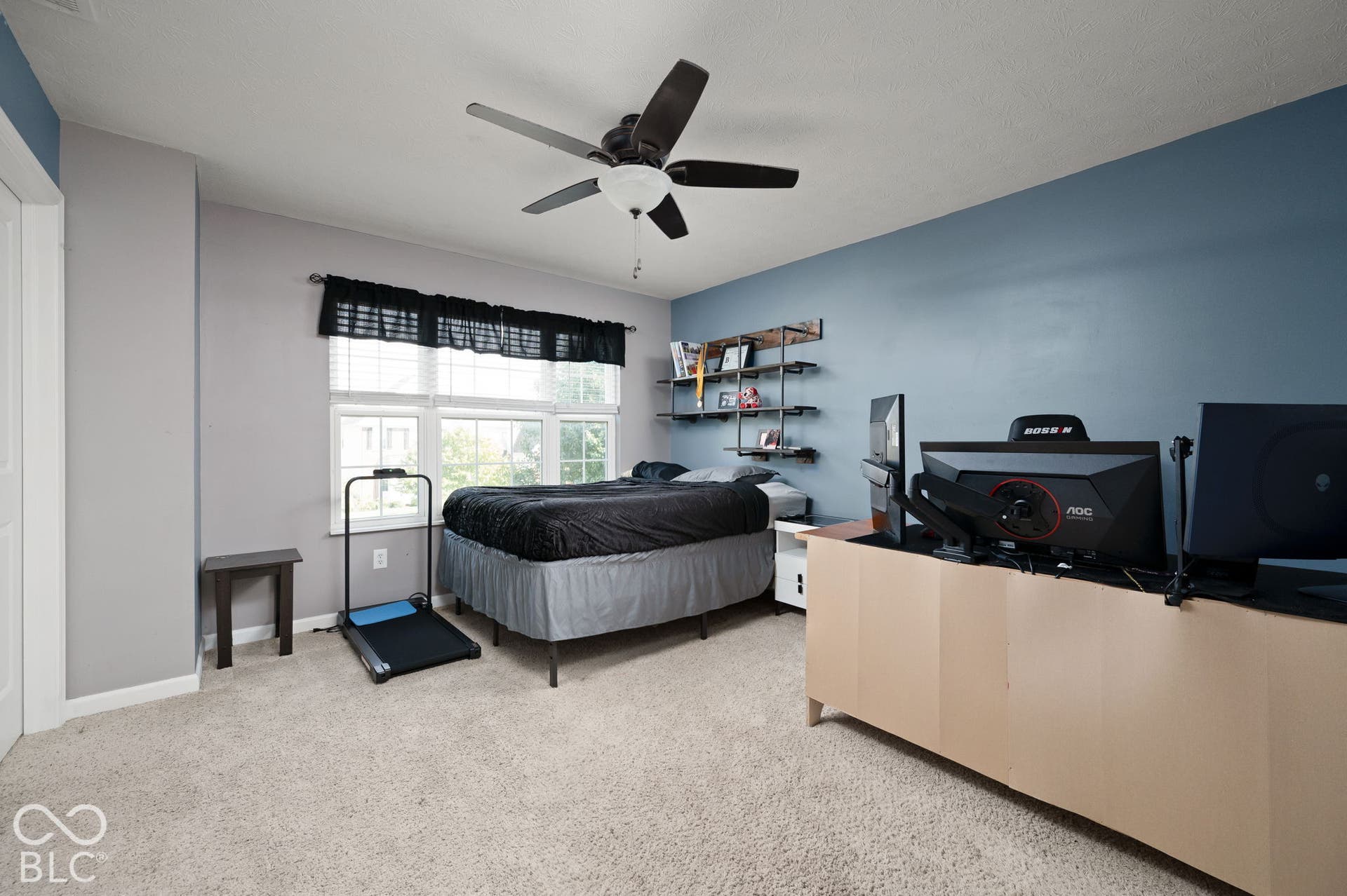 Carpeted room with a ceiling fan, dual windows, built-in shelving, and a painted accent wall