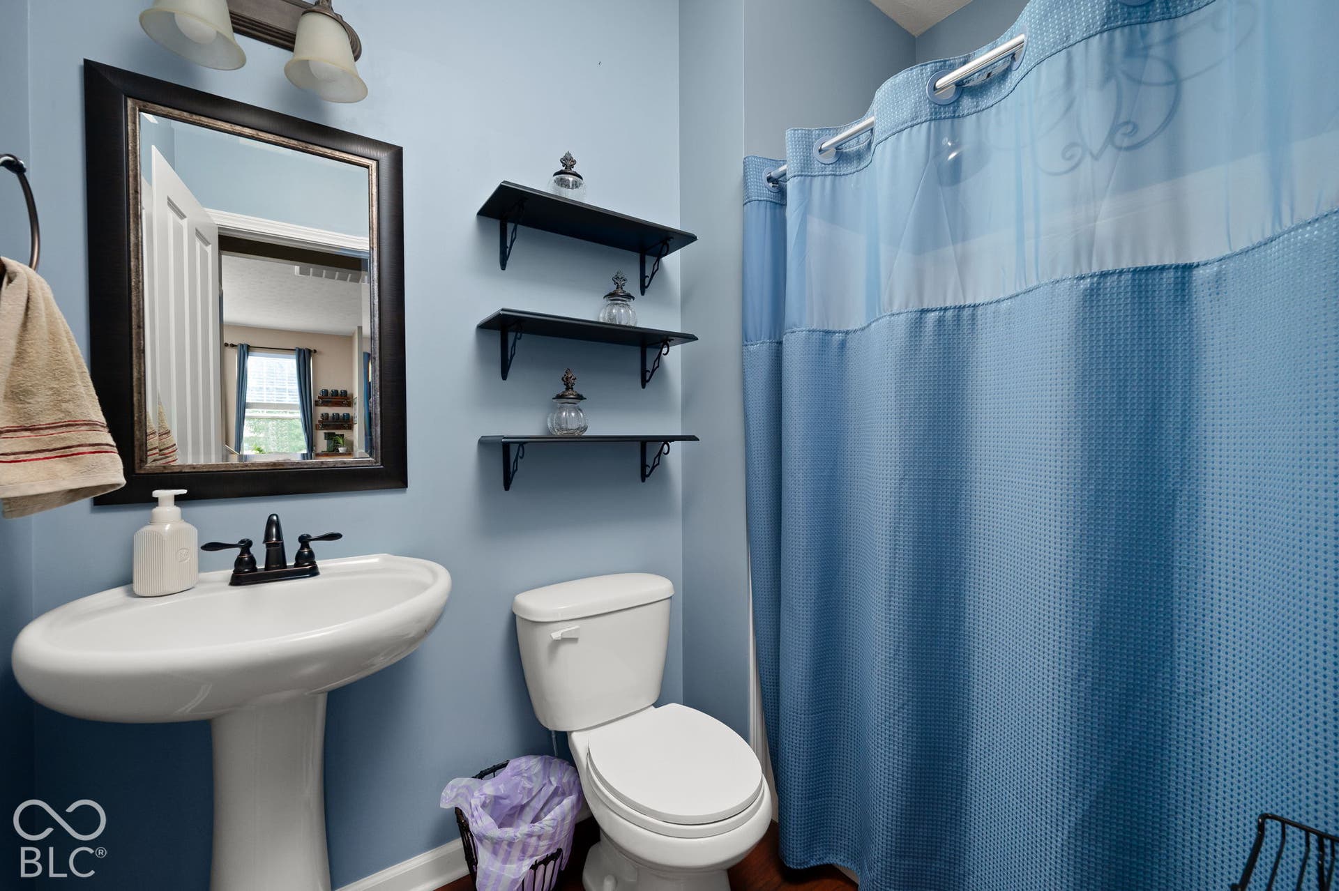 Main Floor Bathroom. Pedestal sink with dark-toned faucet, framed mirror, wall-mounted shelving, and overhead lighting fixture