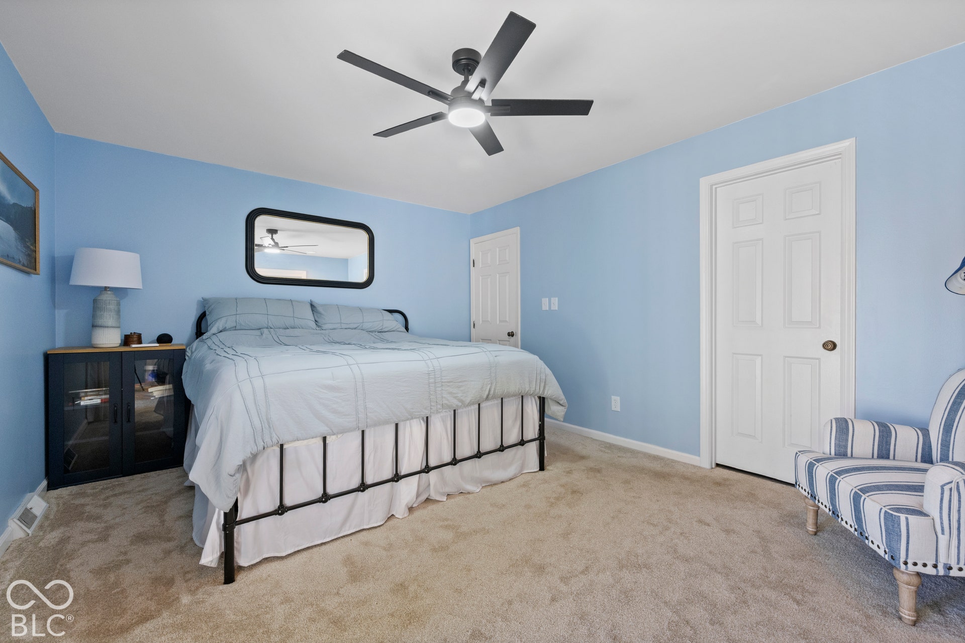 Plush carpet flooring, recessed lighting, and ceiling fan