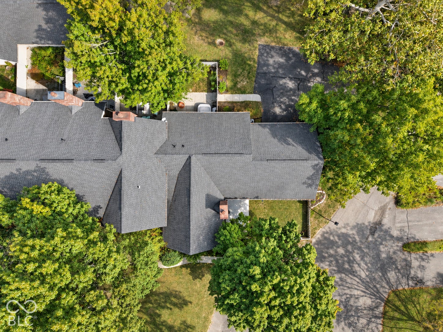 Asphalt shingle roofing, multiple chimneys, mature trees, and a paved driveway