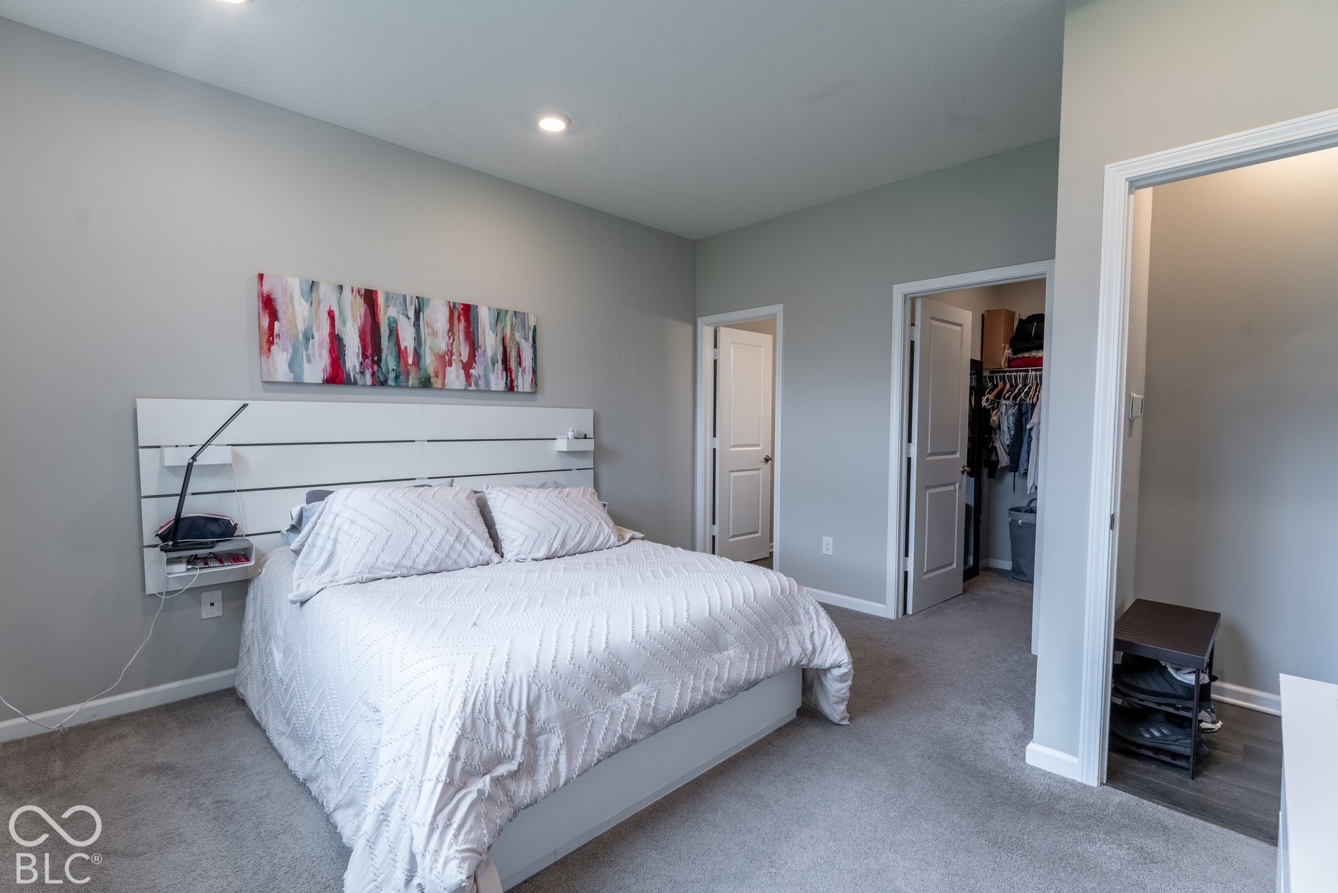 6432 Yuma, Whitestown, IN 46075 Recessed ceiling lighting, light gray wall paint, gray carpet flooring, white trim, and a white interior door