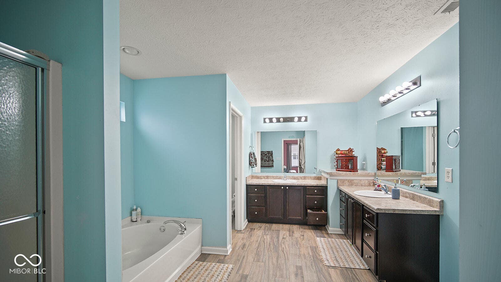 bathroom with a bath, wood finished floors, a sink, and two vanities