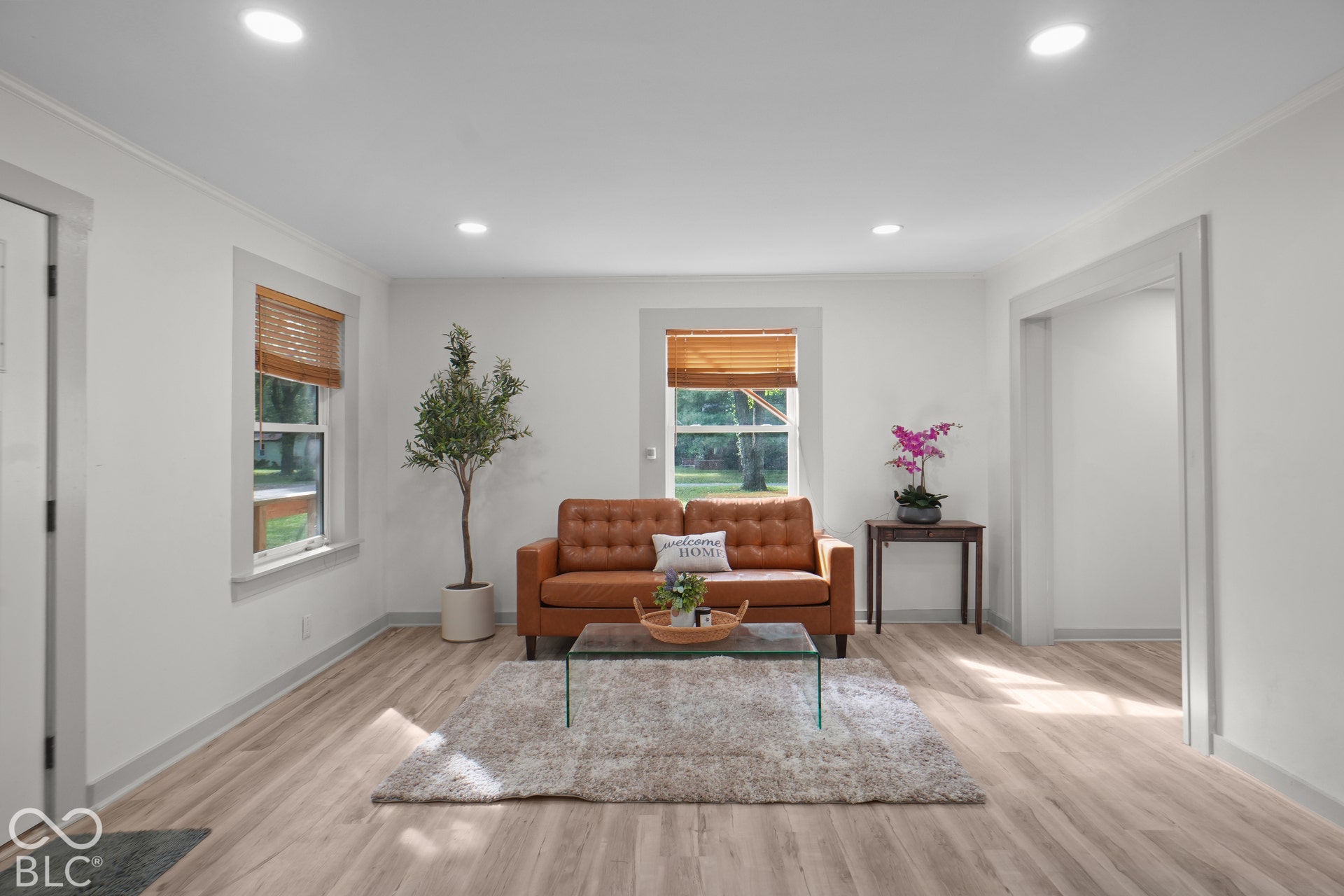 Recessed lighting, wood-finish flooring, white walls, and framed window openings