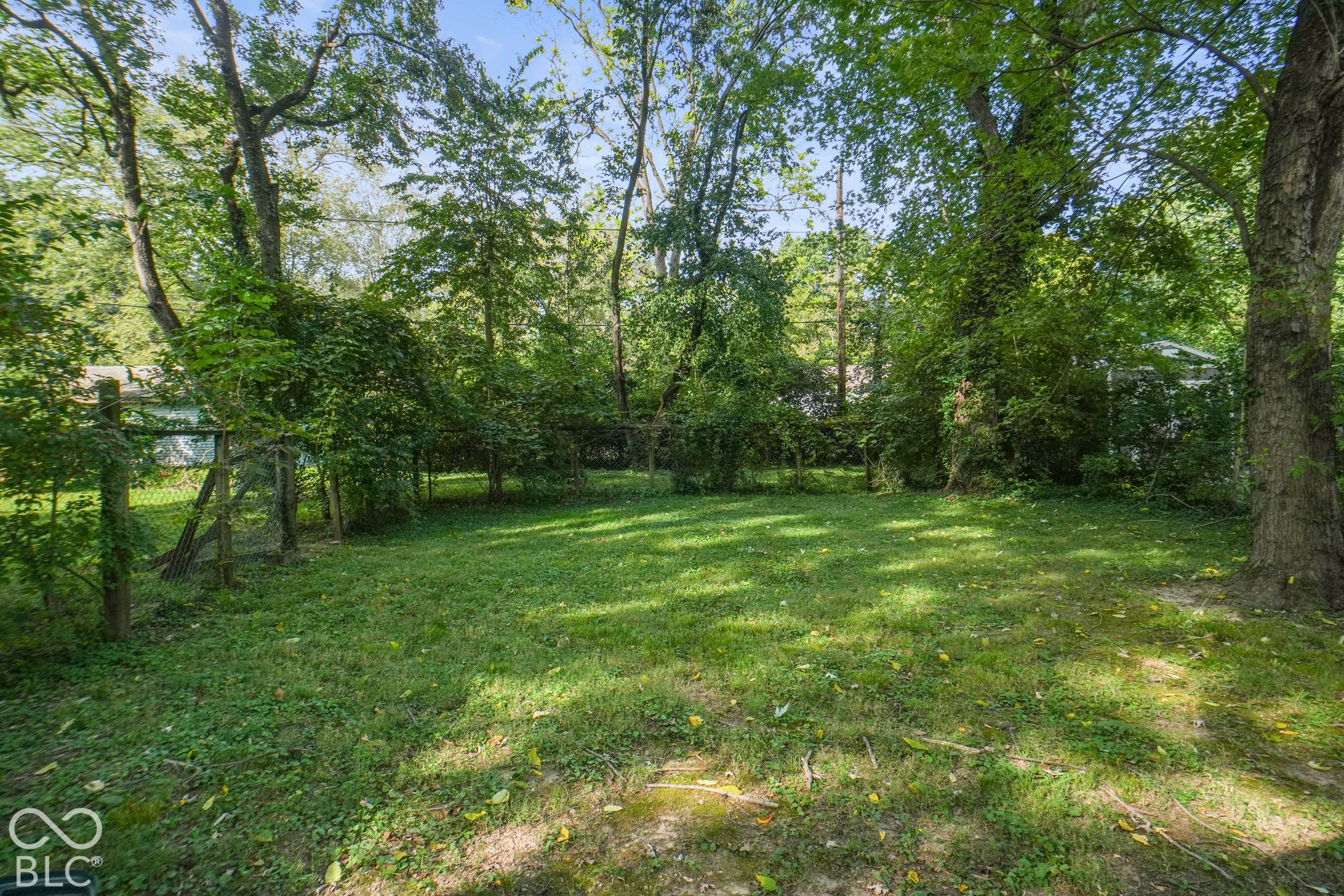 Expansive green space featuring mature trees and partial perimeter fencing