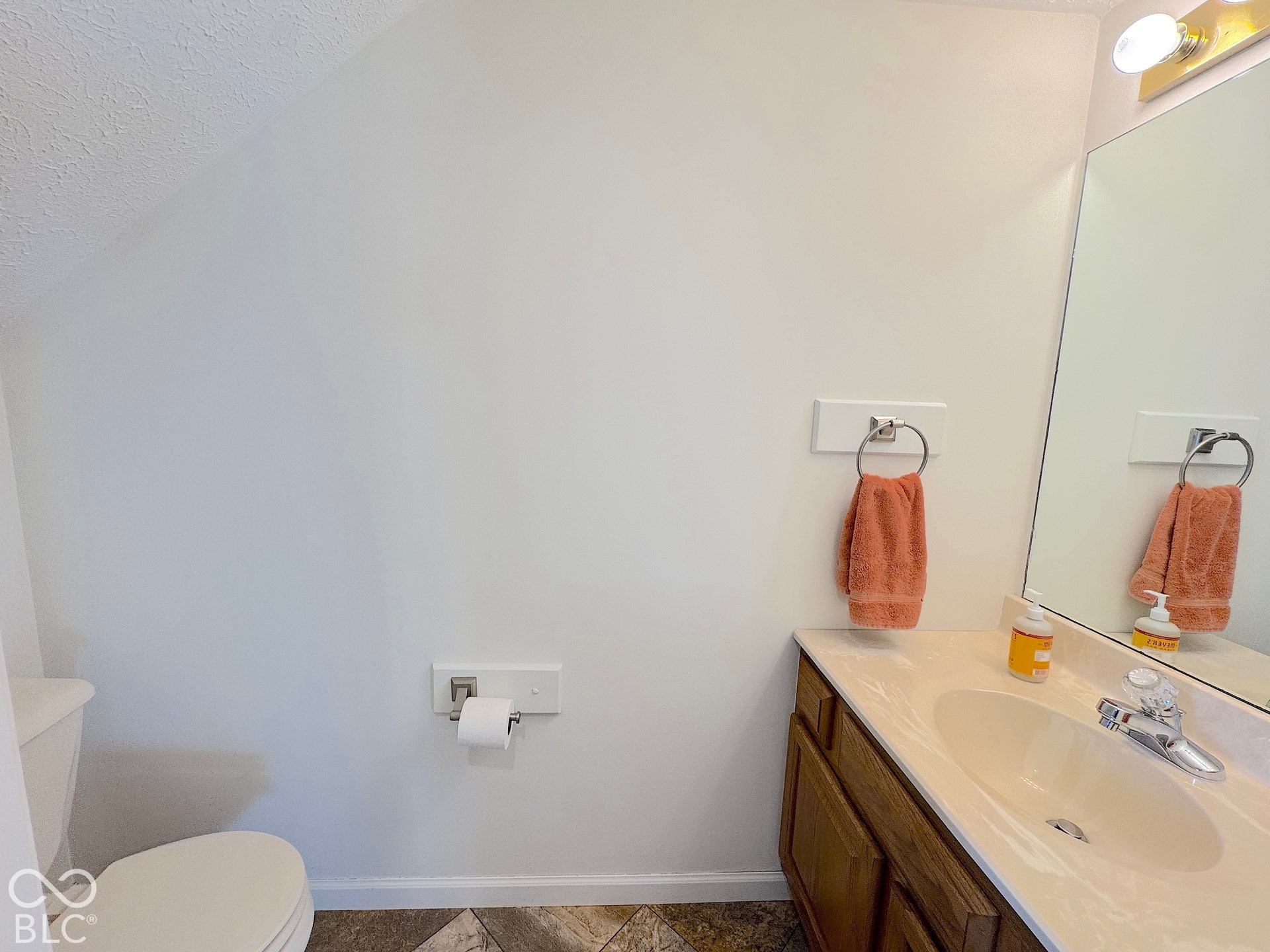 Vanity with an integrated sink and wood-finish cabinetry, illuminated by a vanity light fixture, and a wall-mounted mirror