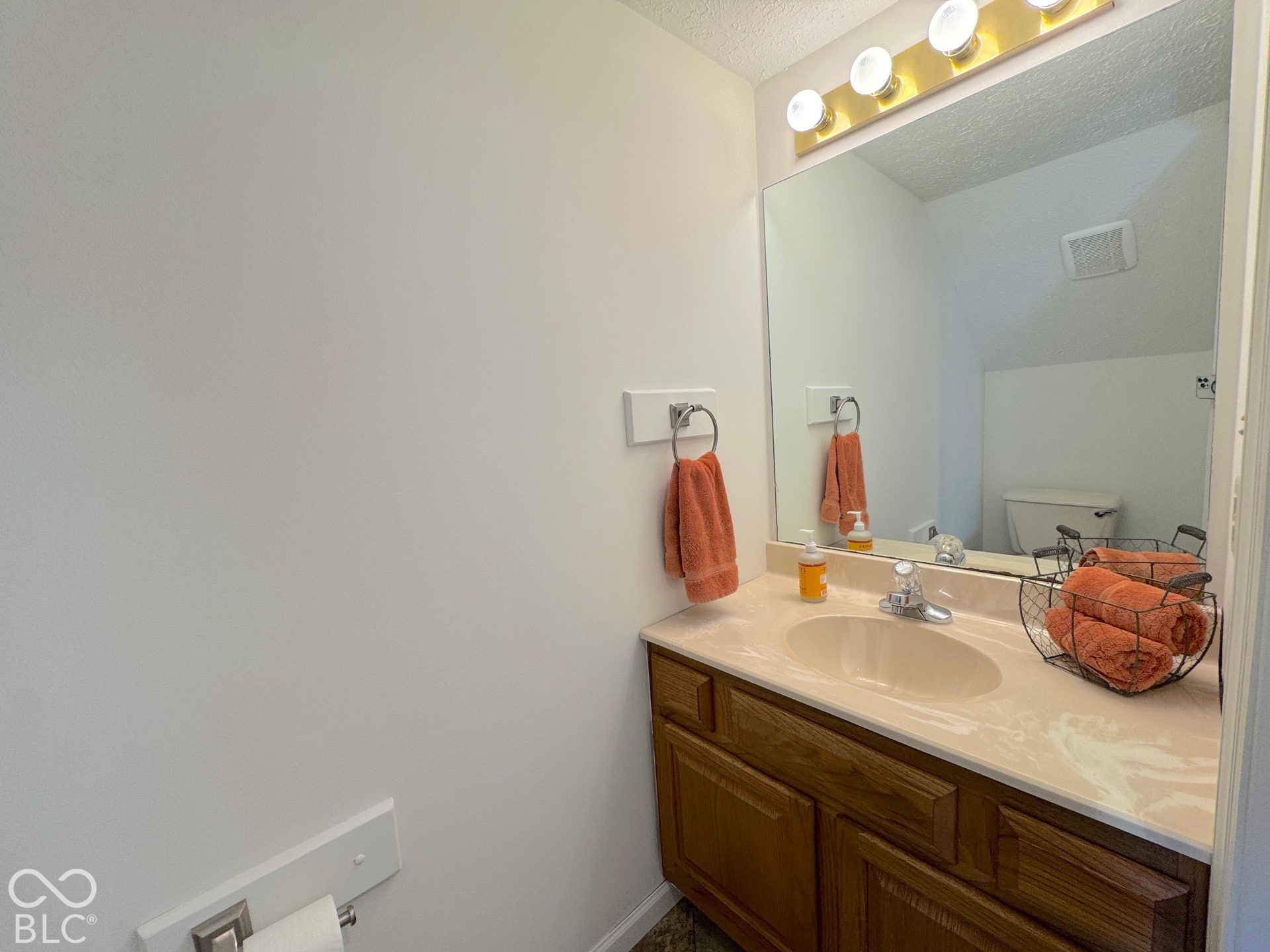 Vanity with a single basin sink, wood-finish cabinetry, and an integrated countertop