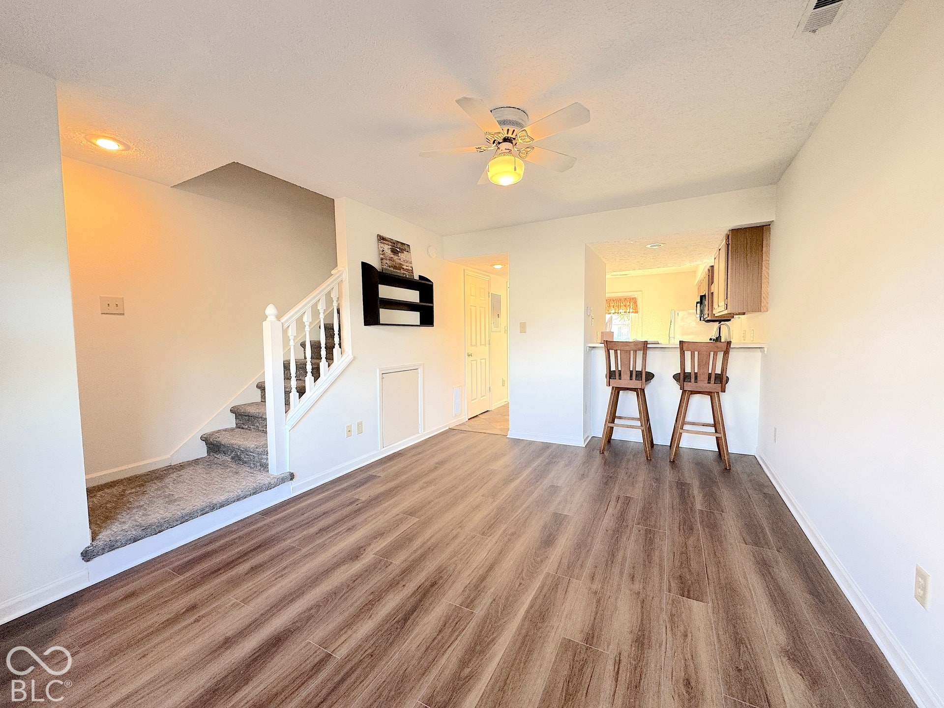 Wood-finish flooring throughout the main living area