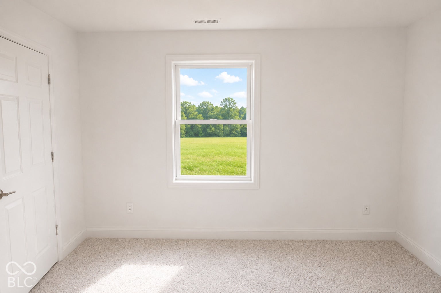 Single-hung window with white trim, light-colored carpeting, white interior walls, and a white interior door